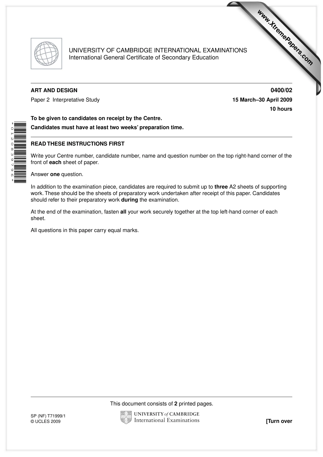 Cambridge IGCSE Art and Design 0400 2009 May/June Paper 2 · Variant 1 question paper, page 1 of 2