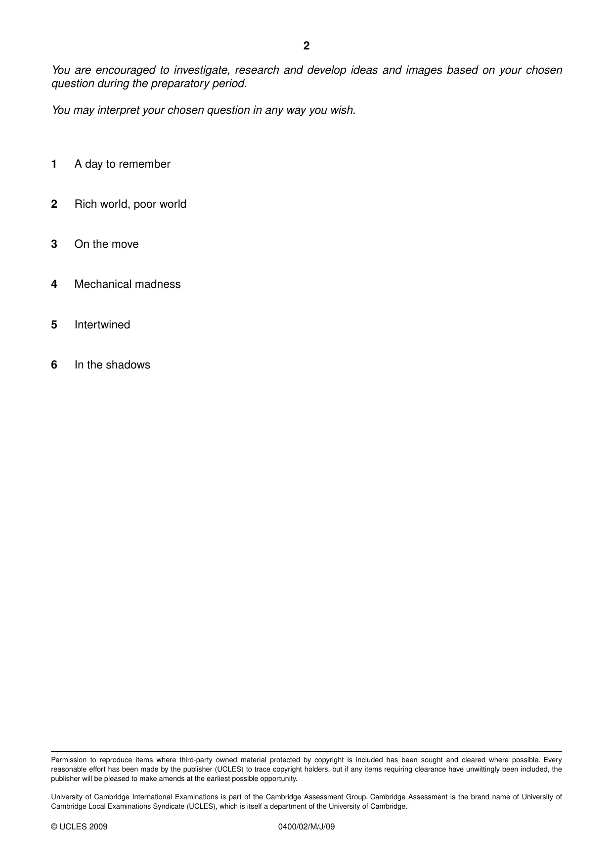 Cambridge IGCSE Art and Design 0400 2009 May/June Paper 2 · Variant 1 question paper, page 2 of 2
