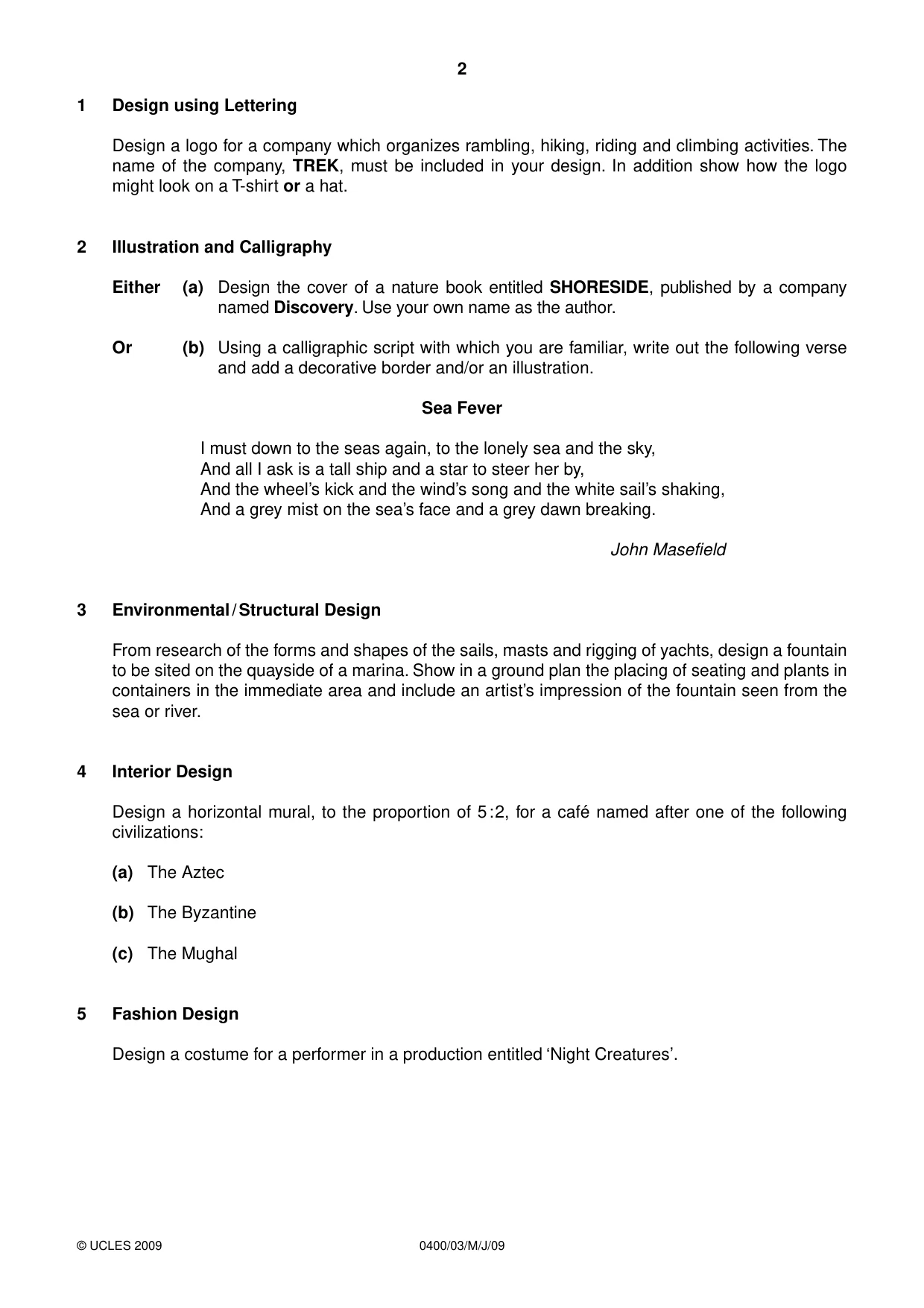 Cambridge IGCSE Art and Design 0400 2009 May/June Paper 3 · Variant 1 question paper, page 2 of 4