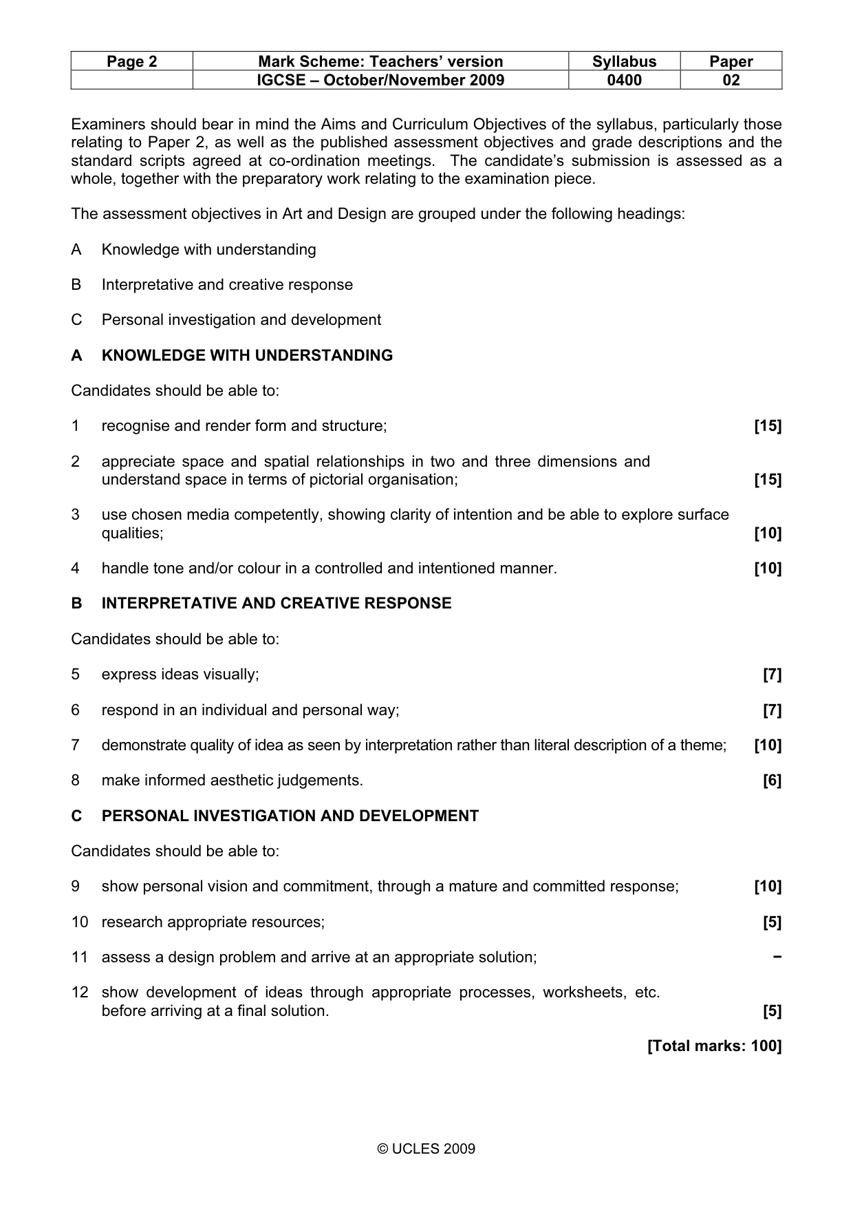 Mark scheme, page 2 of 2