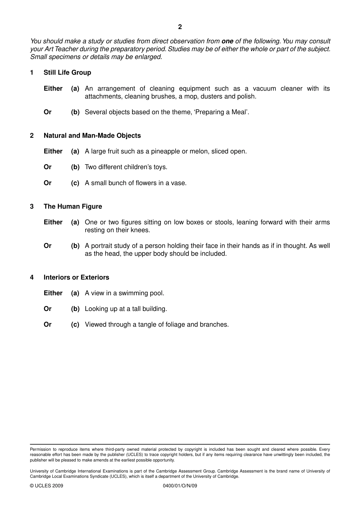 Cambridge IGCSE Art and Design 0400 2009 Oct/Nov Paper 1 · Variant 1 question paper, page 2 of 2
