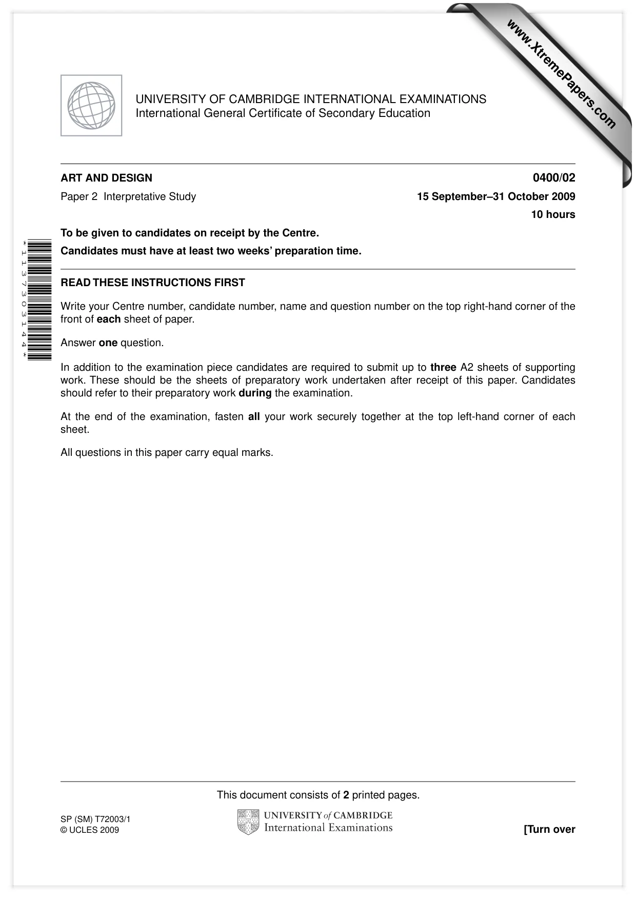 Cambridge IGCSE Art and Design 0400 2009 Oct/Nov Paper 2 · Variant 1 question paper, page 1 of 2