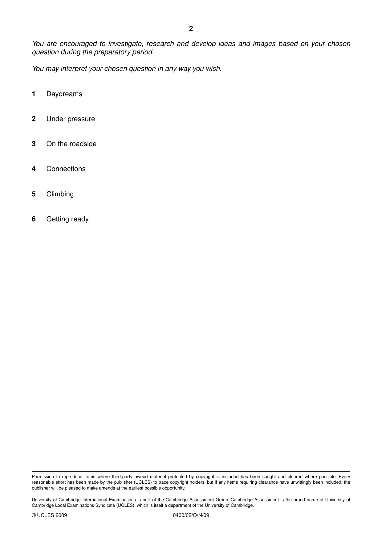Cambridge IGCSE Art and Design 0400 2009 Oct/Nov Paper 2 · Variant 1 question paper, page 2 of 2