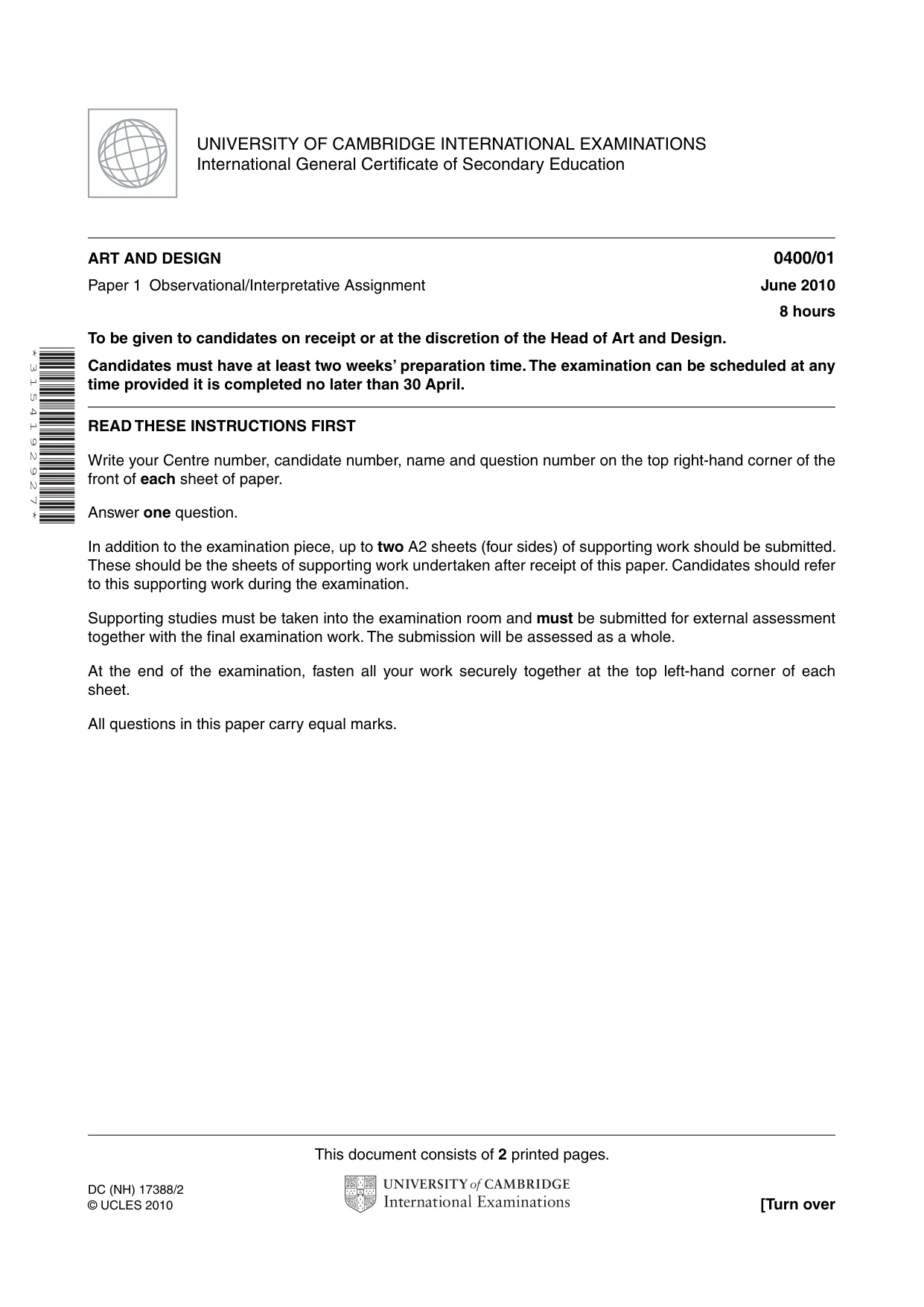 Cambridge IGCSE Art and Design 0400 2010 May/June Paper 1 · Variant 1 question paper, page 1 of 2
