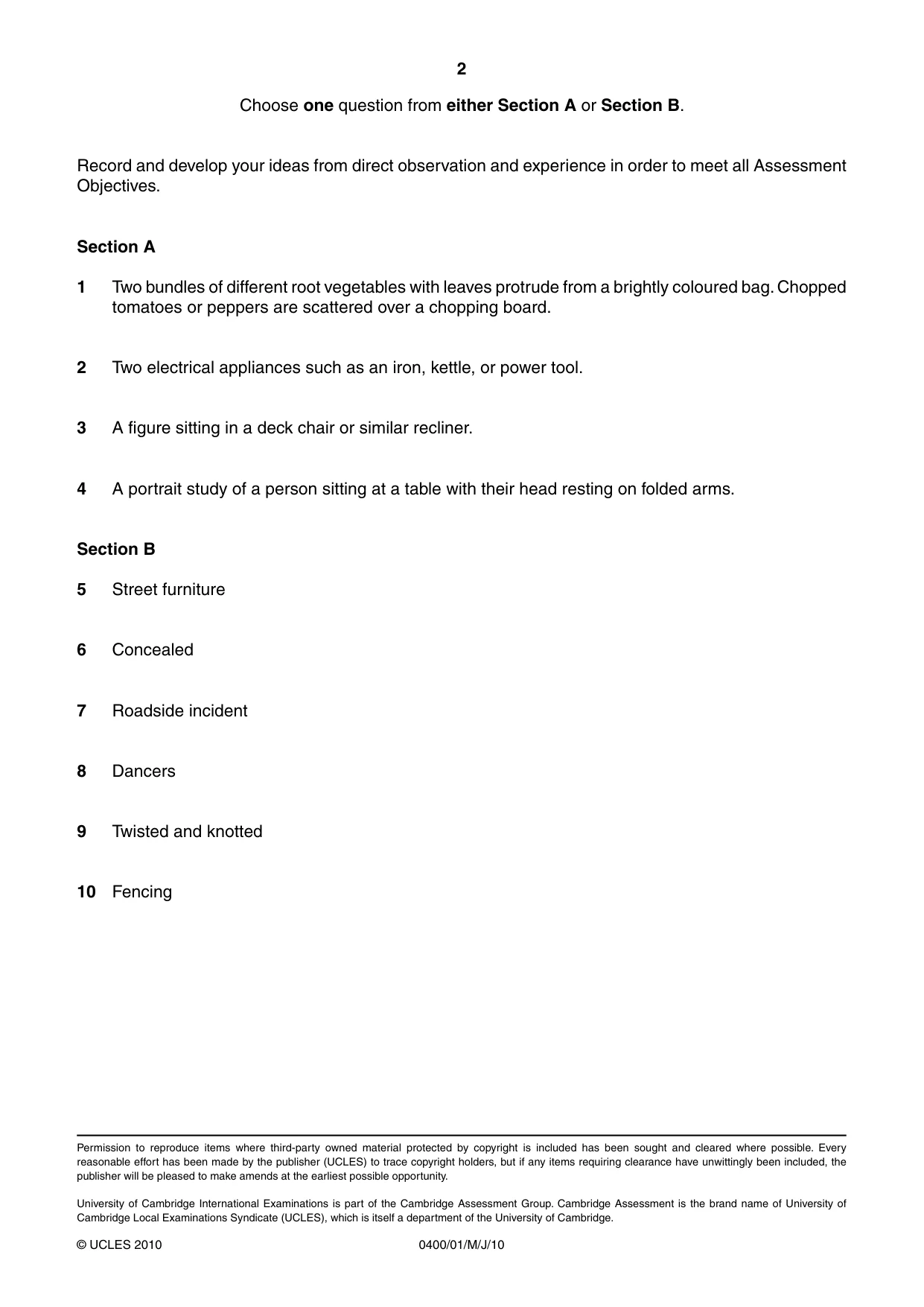 Cambridge IGCSE Art and Design 0400 2010 May/June Paper 1 · Variant 1 question paper, page 2 of 2
