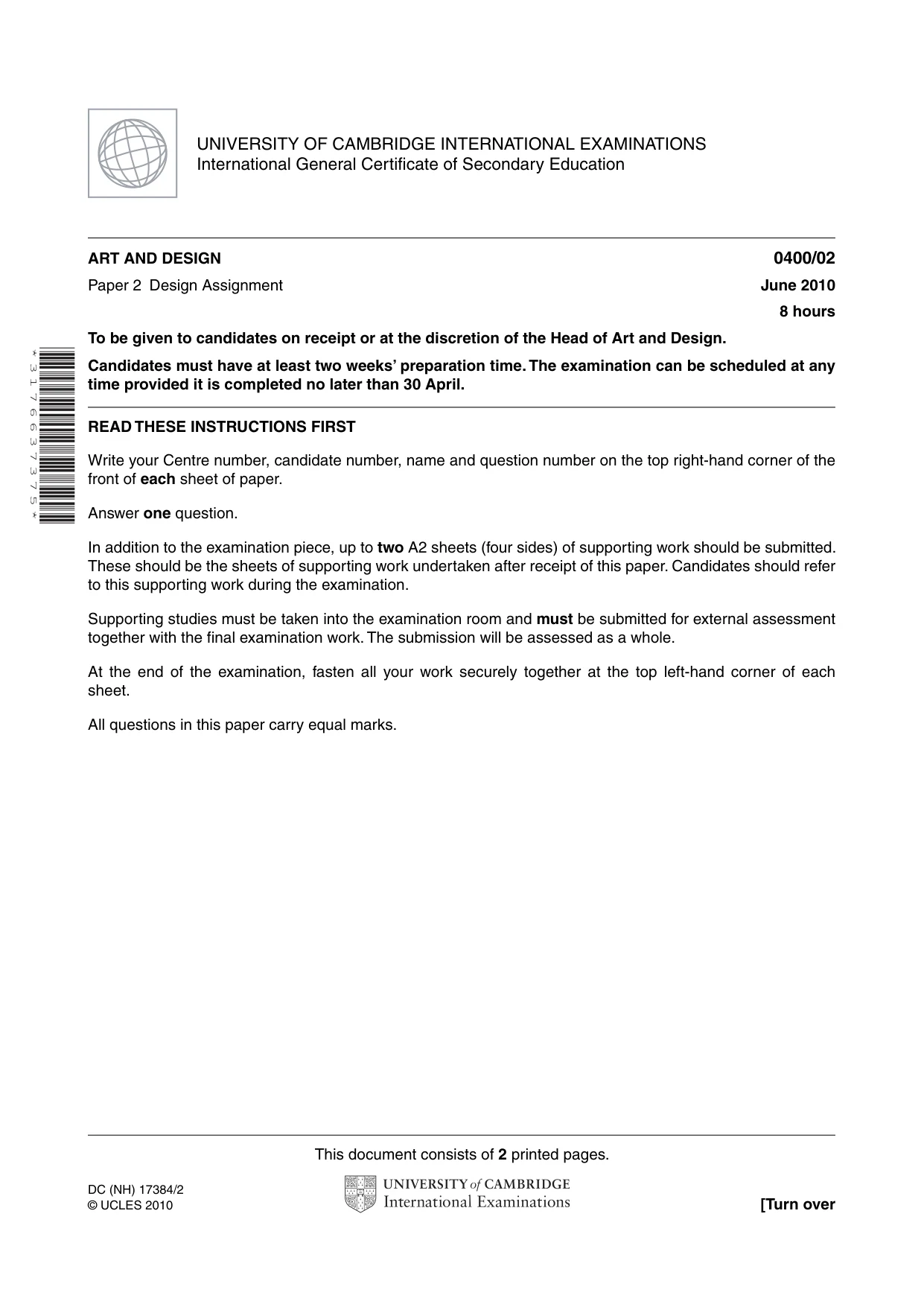 Cambridge IGCSE Art and Design 0400 2010 May/June Paper 2 · Variant 1 question paper, page 1 of 2