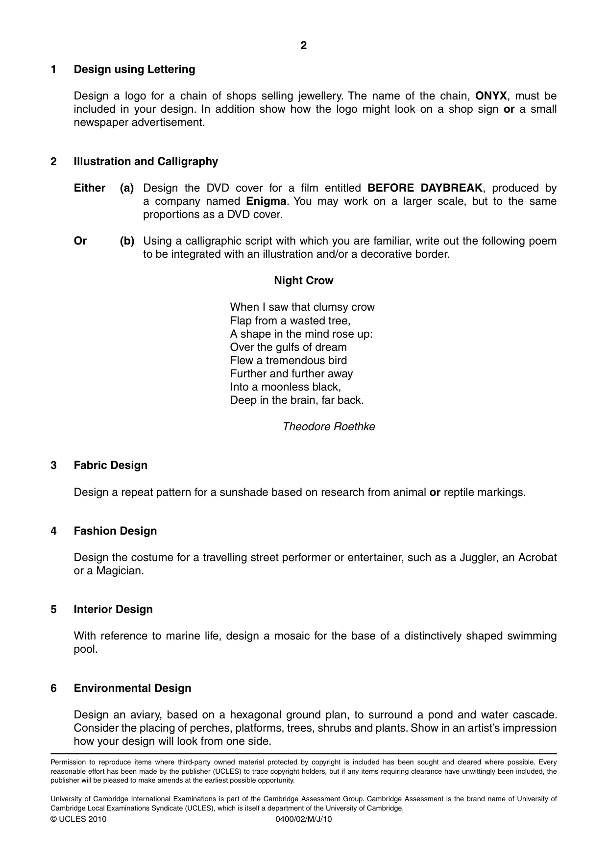 Cambridge IGCSE Art and Design 0400 2010 May/June Paper 2 · Variant 1 question paper, page 2 of 2