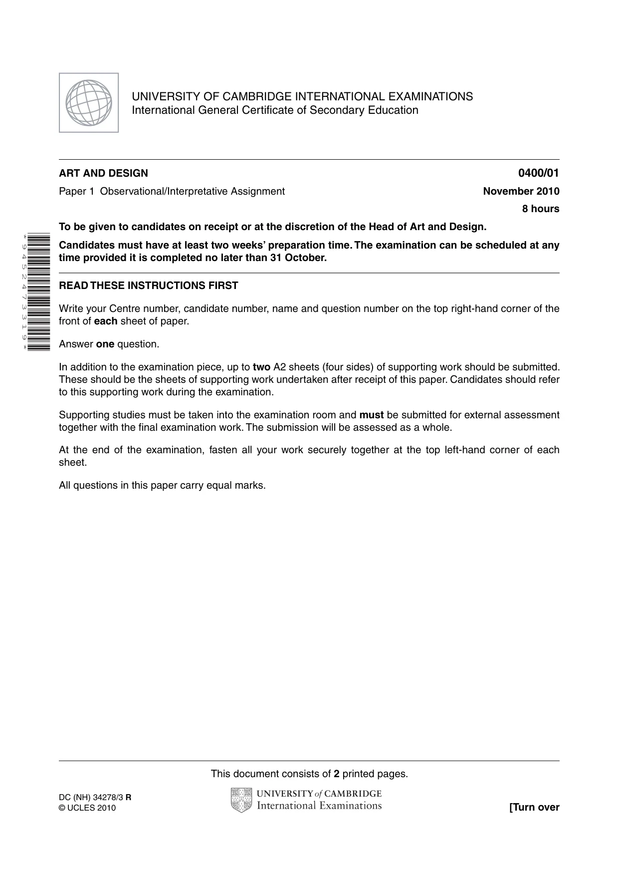 Cambridge IGCSE Art and Design 0400 2010 Oct/Nov Paper 1 · Variant 1 question paper, page 1 of 2