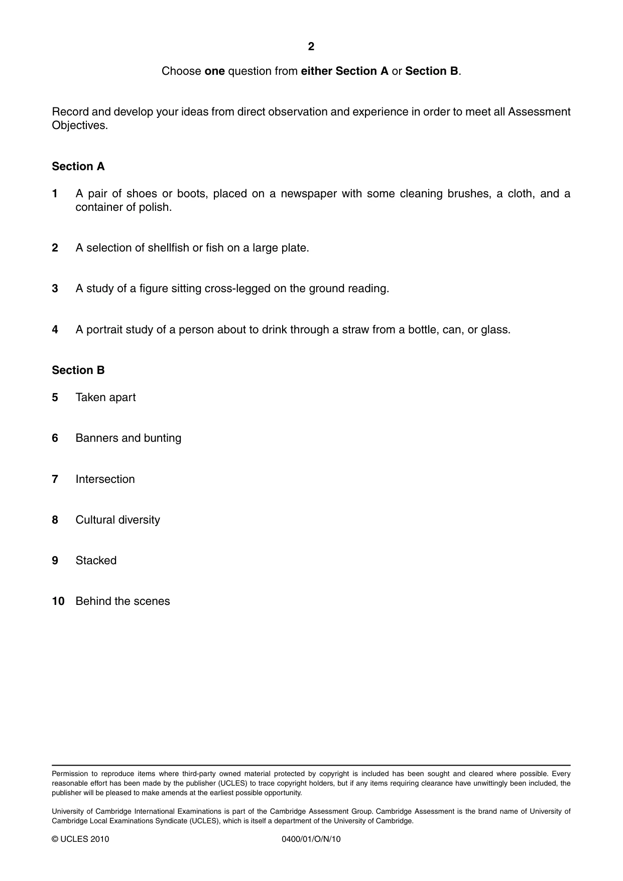 Cambridge IGCSE Art and Design 0400 2010 Oct/Nov Paper 1 · Variant 1 question paper, page 2 of 2