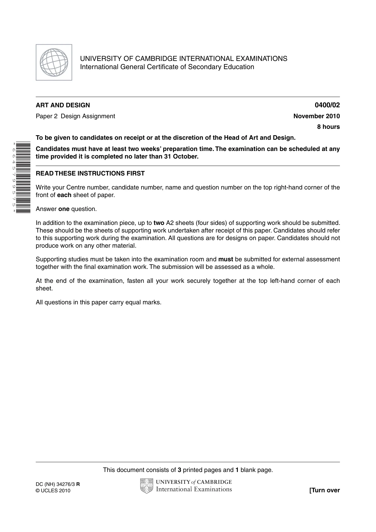 Cambridge IGCSE Art and Design 0400 2010 Oct/Nov Paper 2 · Variant 1 question paper, page 1 of 4