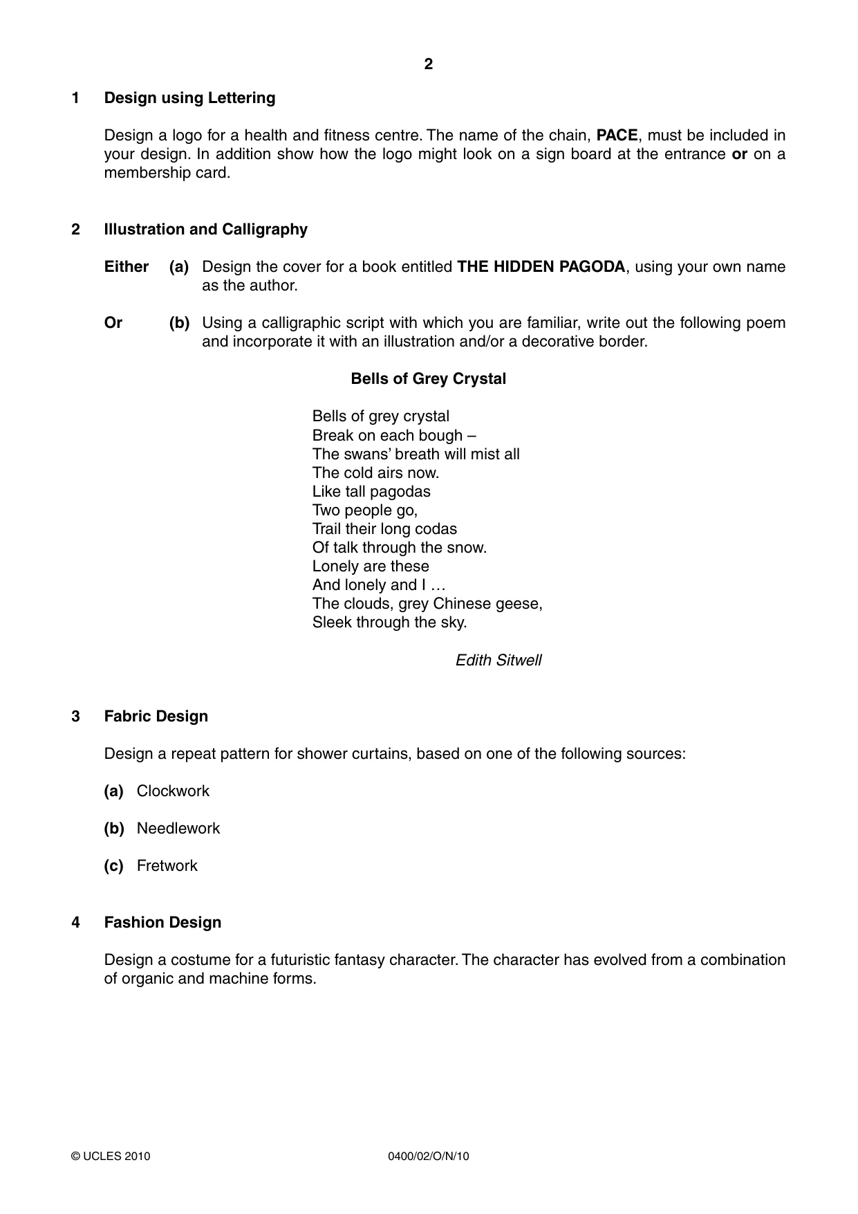 Cambridge IGCSE Art and Design 0400 2010 Oct/Nov Paper 2 · Variant 1 question paper, page 2 of 4