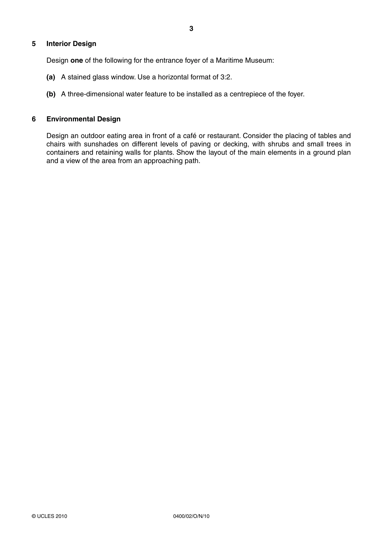 Cambridge IGCSE Art and Design 0400 2010 Oct/Nov Paper 2 · Variant 1 question paper, page 3 of 4