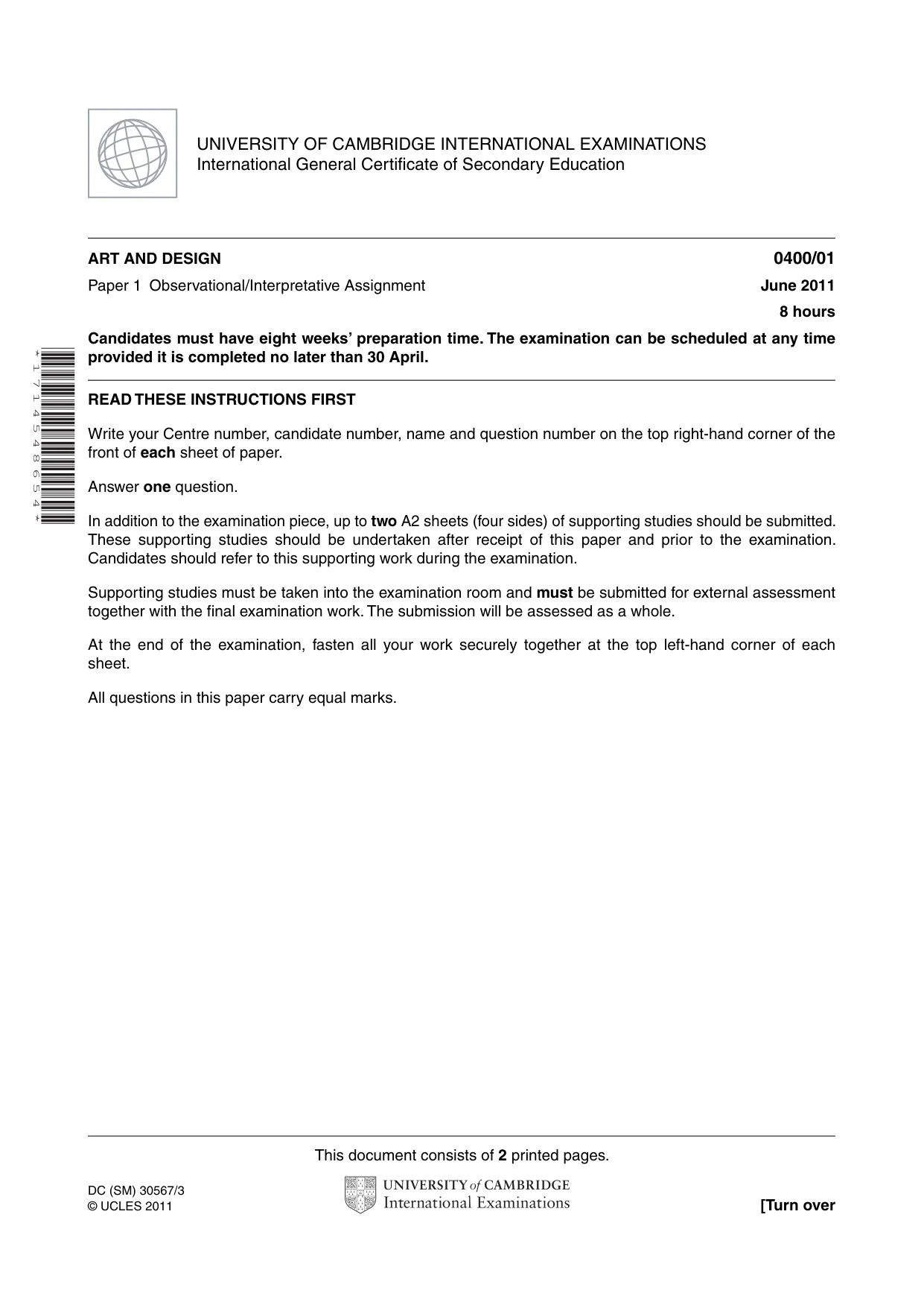 Cambridge IGCSE Art and Design 0400 2011 May/June Paper 1 · Variant 1 question paper, page 1 of 2