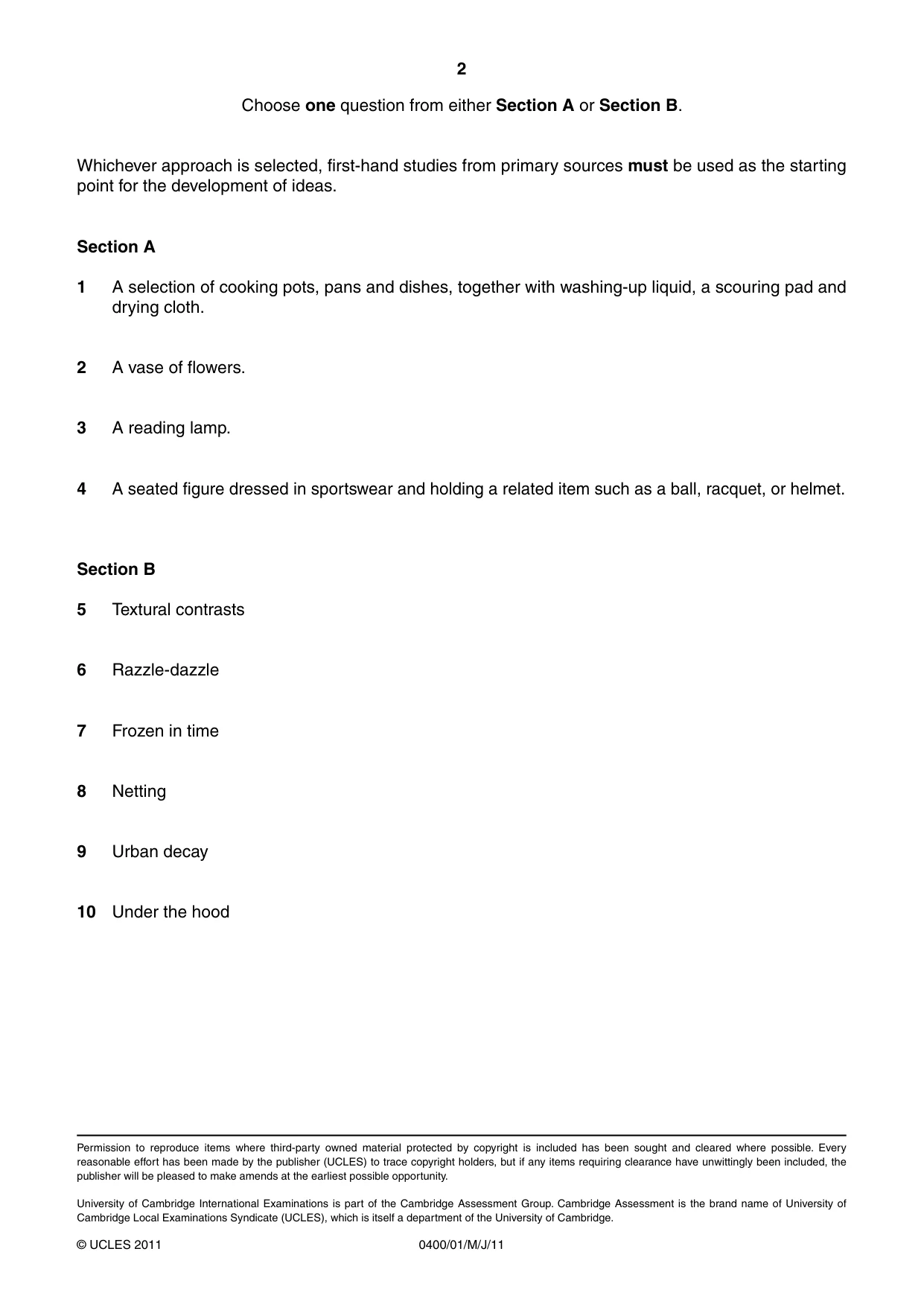 Cambridge IGCSE Art and Design 0400 2011 May/June Paper 1 · Variant 1 question paper, page 2 of 2