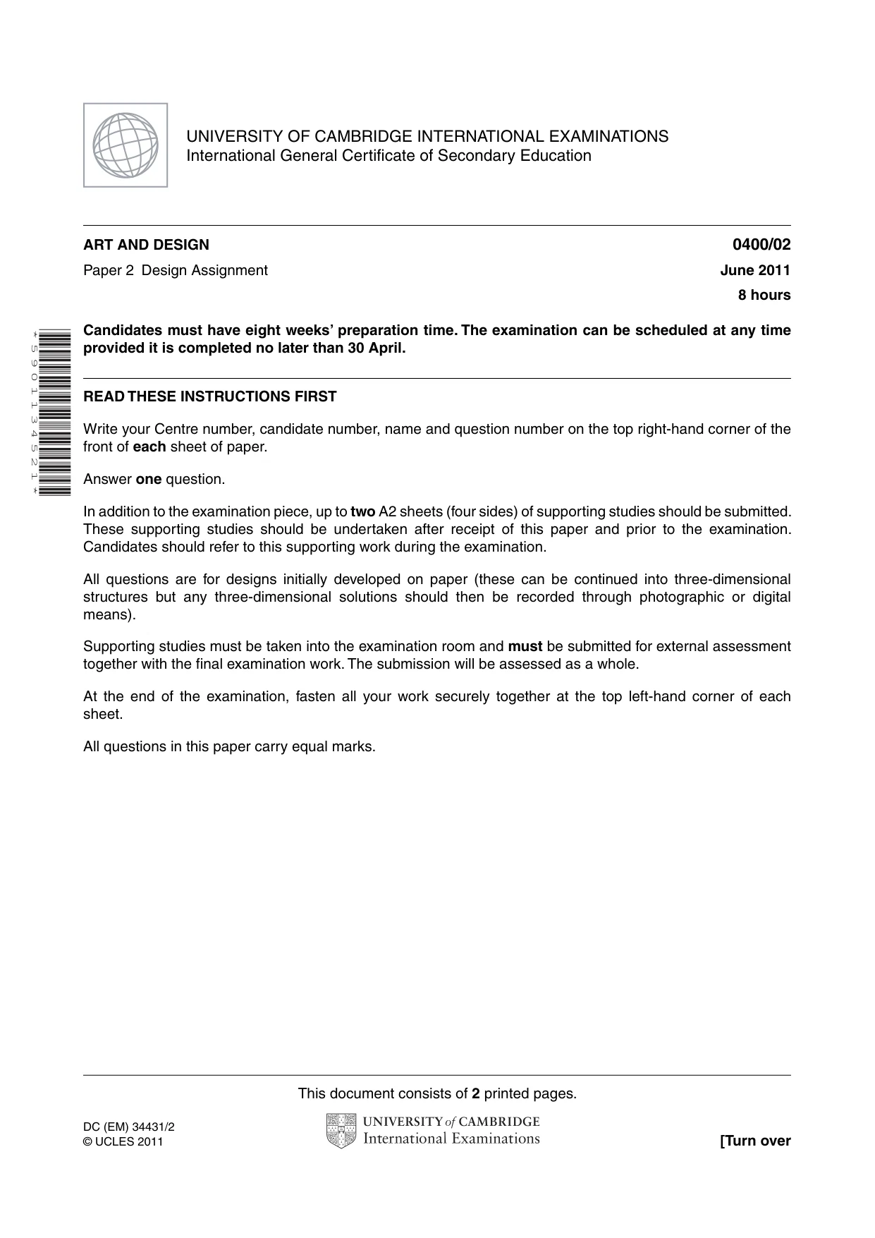 Cambridge IGCSE Art and Design 0400 2011 May/June Paper 2 · Variant 1 question paper, page 1 of 2