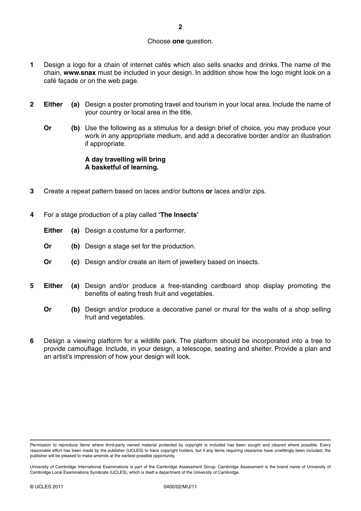 Cambridge IGCSE Art and Design 0400 2011 May/June Paper 2 · Variant 1 question paper, page 2 of 2