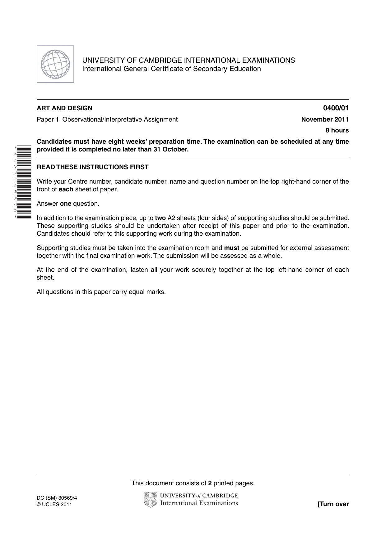 Cambridge IGCSE Art and Design 0400 2011 Oct/Nov Paper 1 · Variant 1 question paper, page 1 of 2