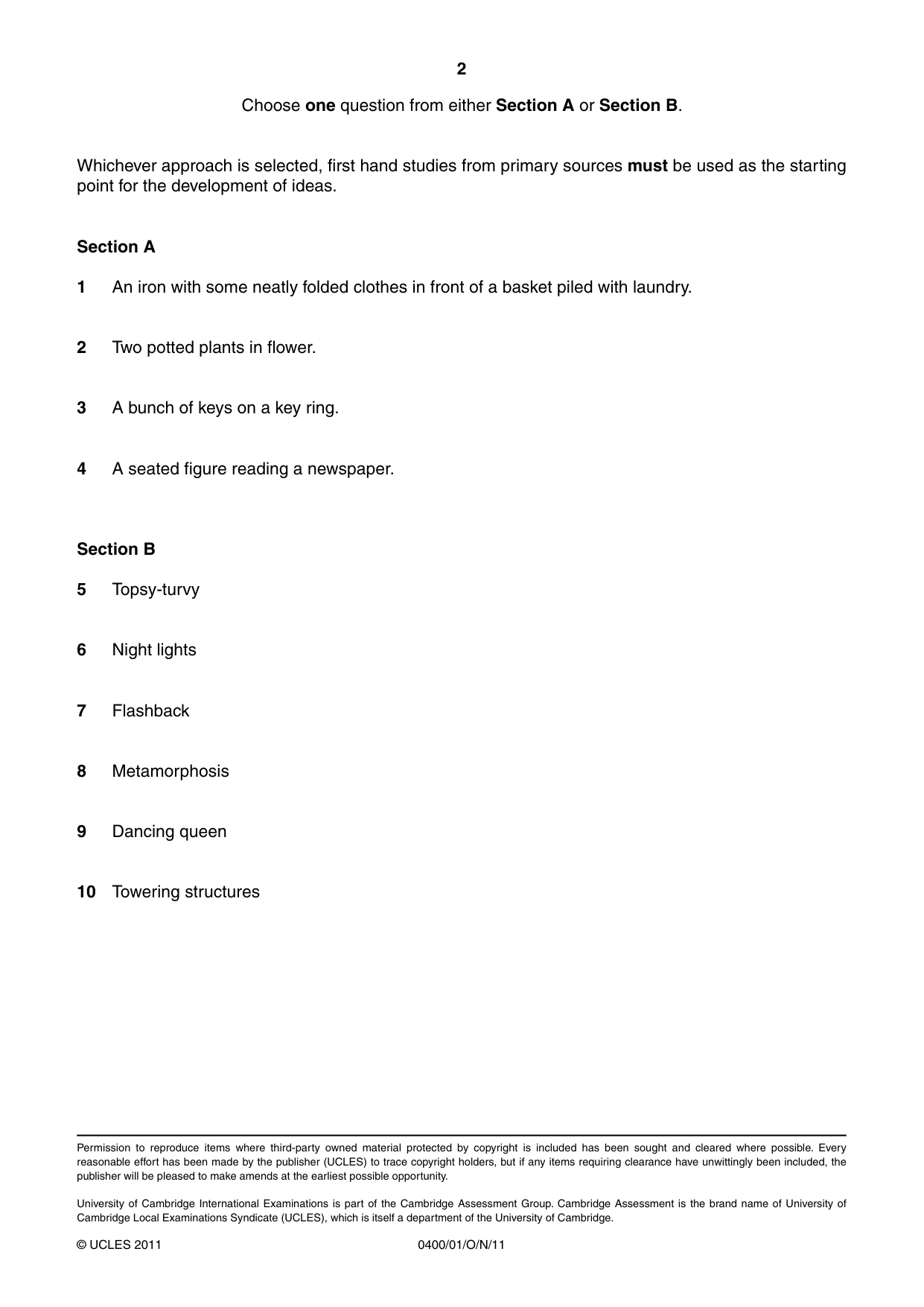 Cambridge IGCSE Art and Design 0400 2011 Oct/Nov Paper 1 · Variant 1 question paper, page 2 of 2