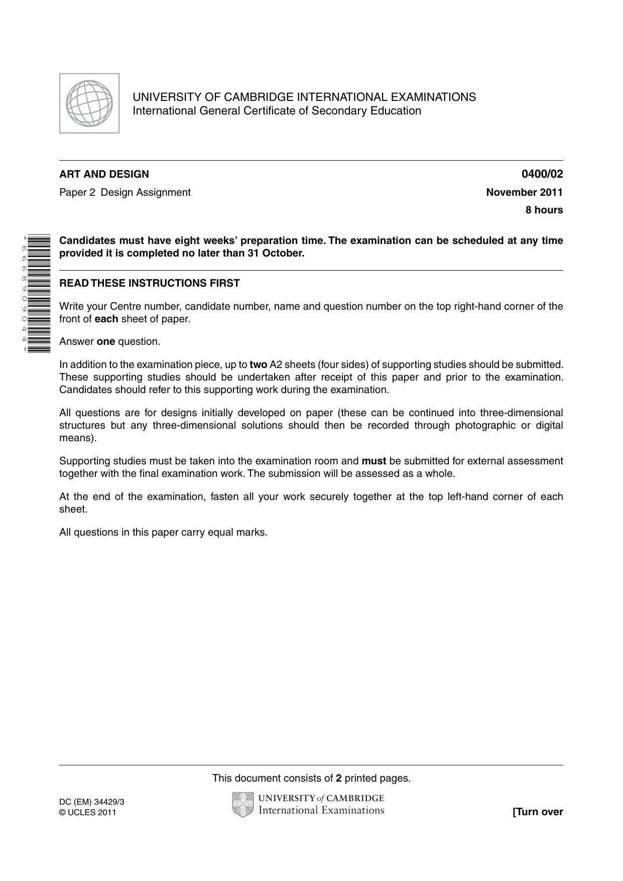 Cambridge IGCSE Art and Design 0400 2011 Oct/Nov Paper 2 · Variant 1 question paper, page 1 of 2