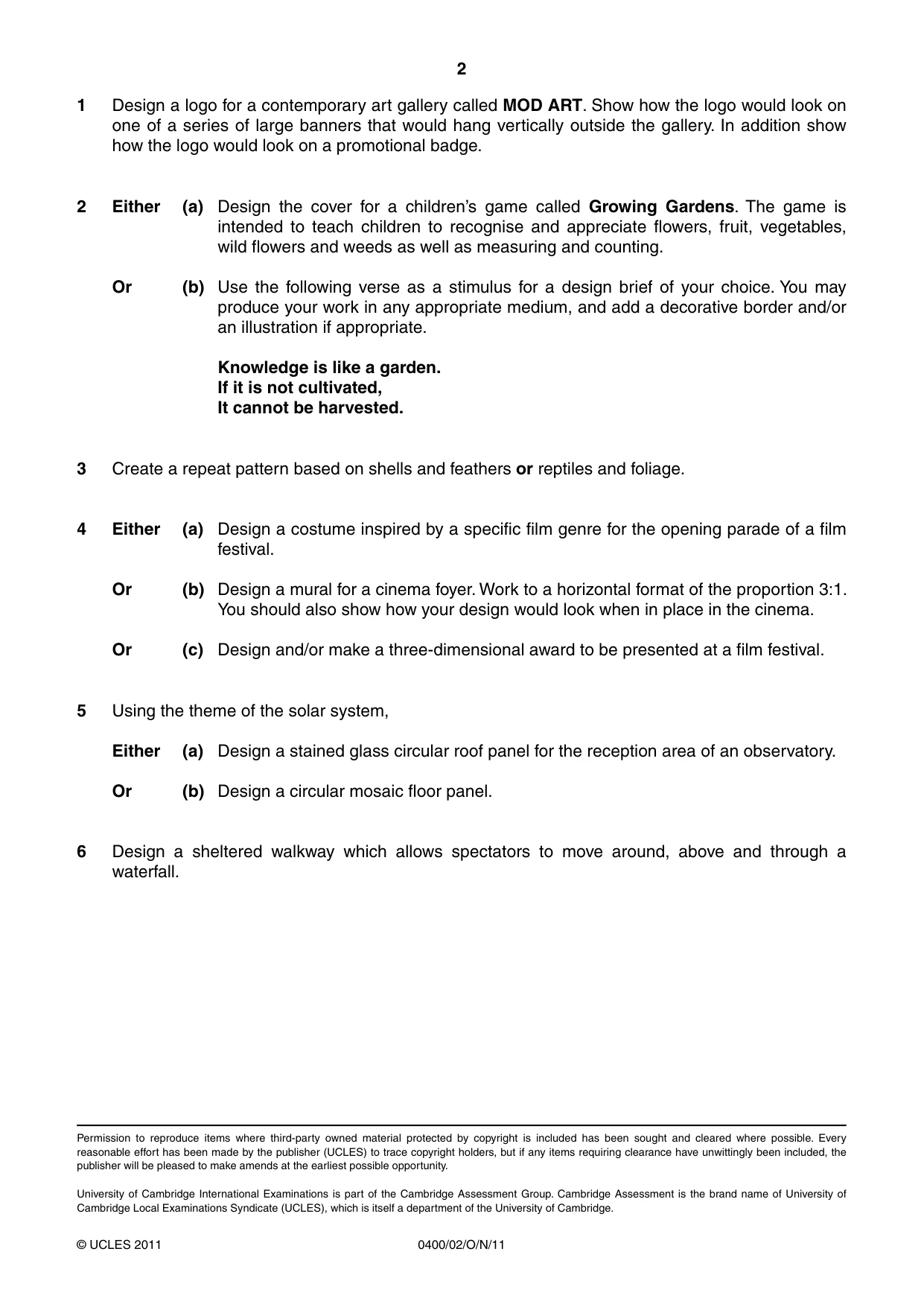 Cambridge IGCSE Art and Design 0400 2011 Oct/Nov Paper 2 · Variant 1 question paper, page 2 of 2