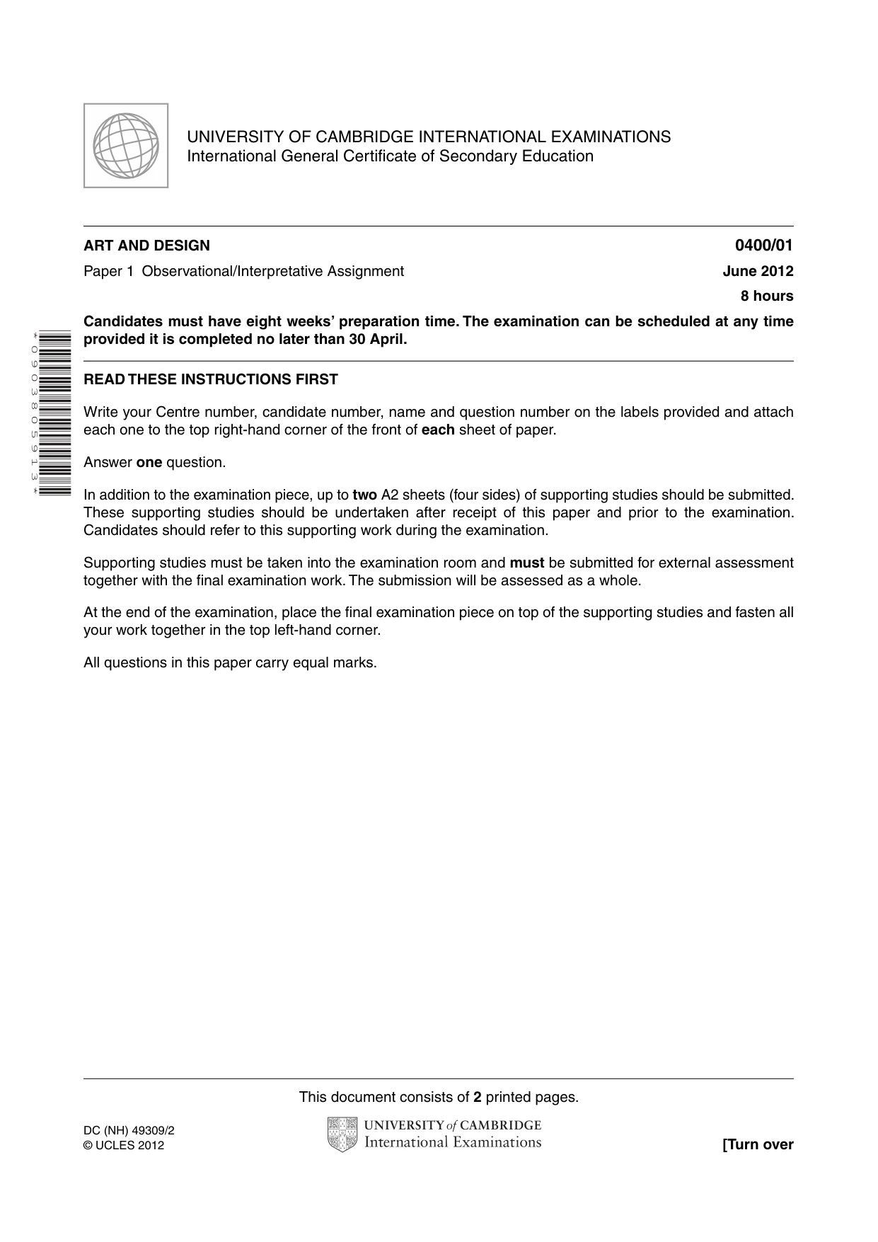 Cambridge IGCSE Art and Design 0400 2012 May/June Paper 1 · Variant 1 question paper, page 1 of 2