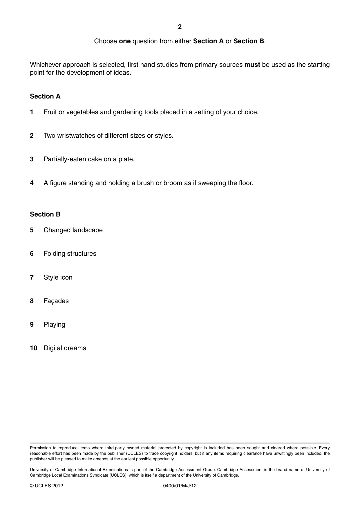 Cambridge IGCSE Art and Design 0400 2012 May/June Paper 1 · Variant 1 question paper, page 2 of 2