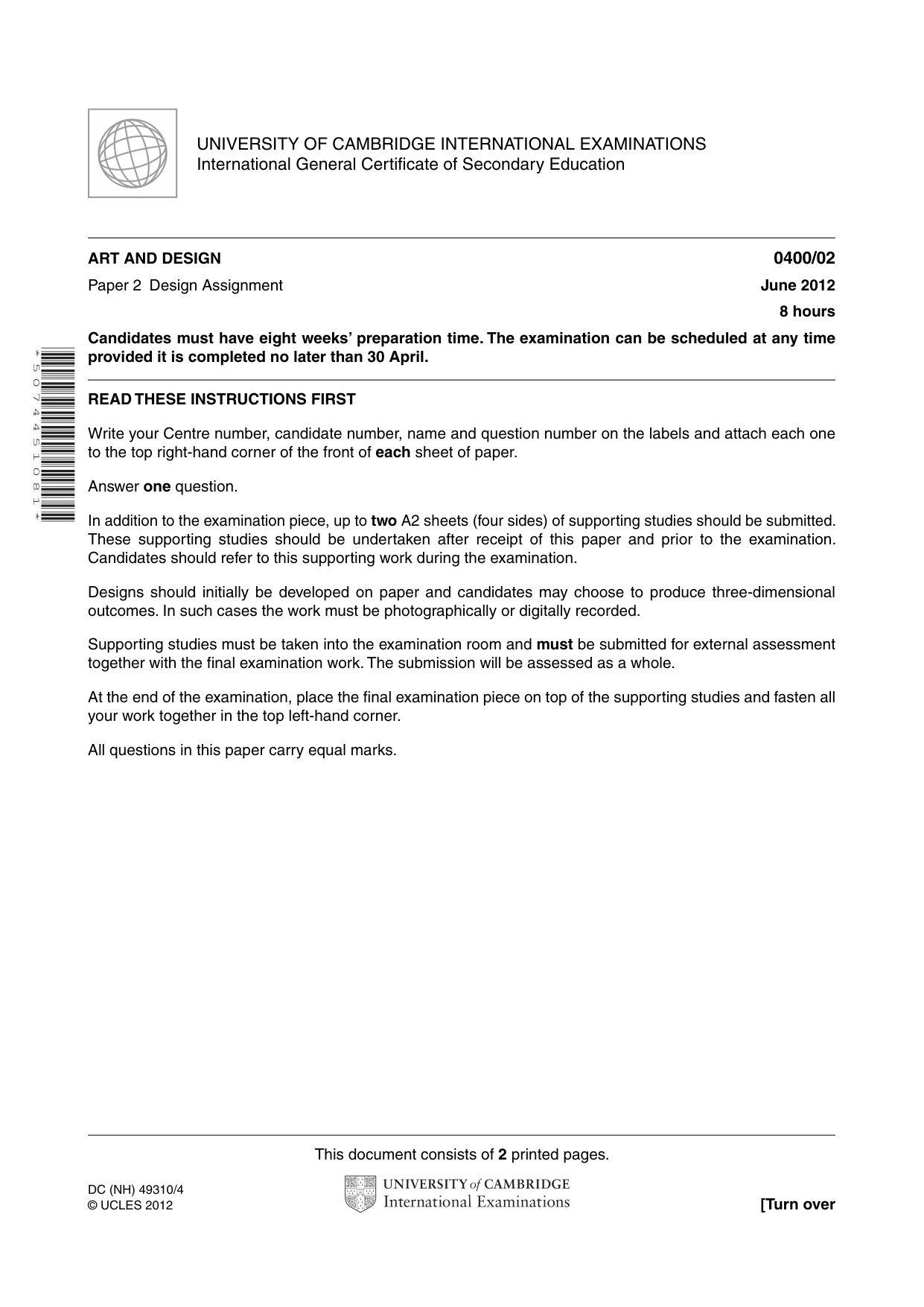 Cambridge IGCSE Art and Design 0400 2012 May/June Paper 2 · Variant 1 question paper, page 1 of 2
