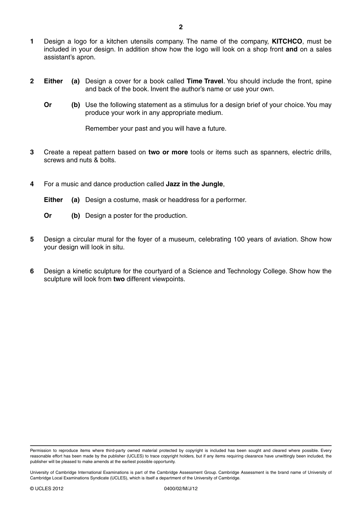 Cambridge IGCSE Art and Design 0400 2012 May/June Paper 2 · Variant 1 question paper, page 2 of 2