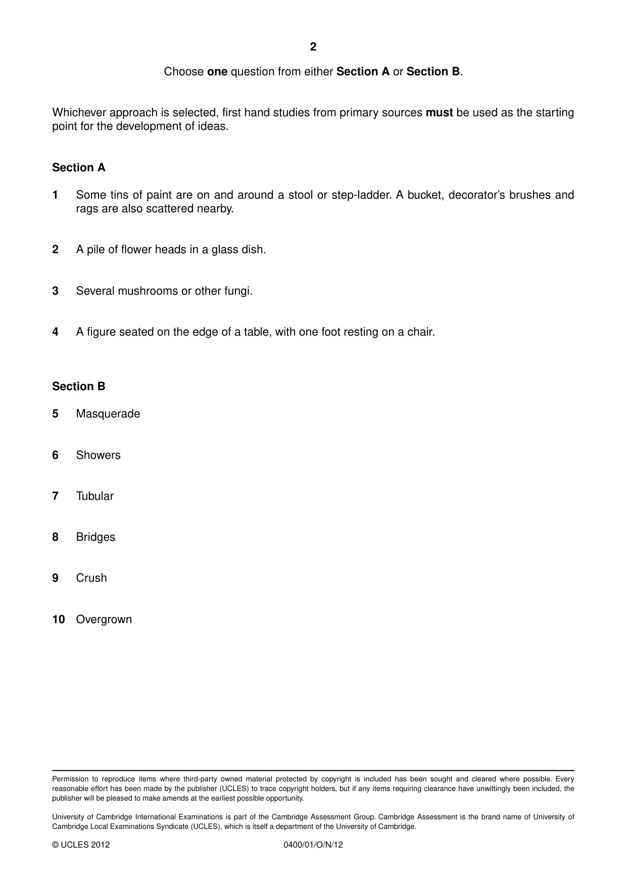 Cambridge IGCSE Art and Design 0400 2012 Oct/Nov Paper 1 · Variant 1 question paper, page 2 of 2