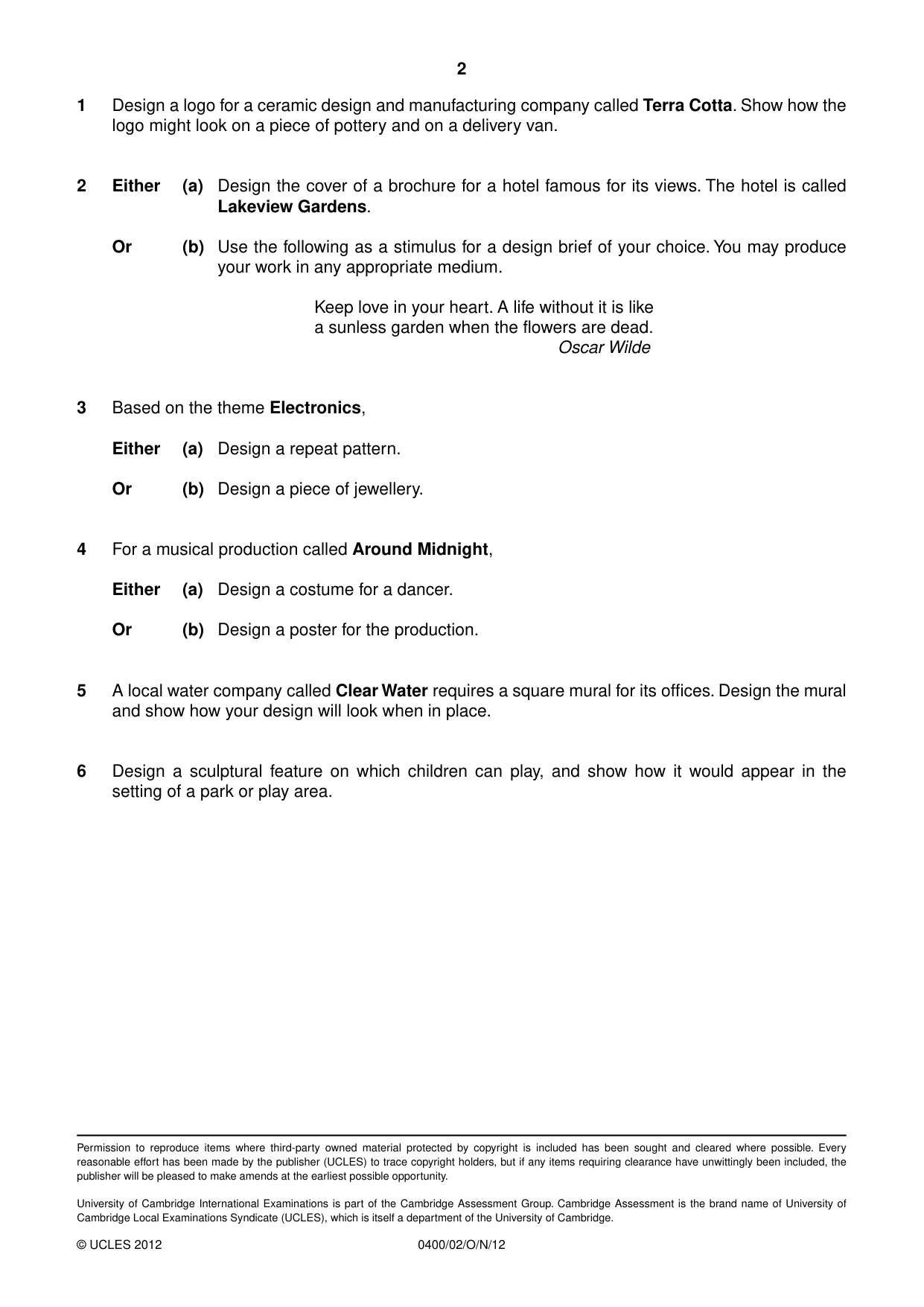 Cambridge IGCSE Art and Design 0400 2012 Oct/Nov Paper 2 · Variant 1 question paper, page 2 of 2
