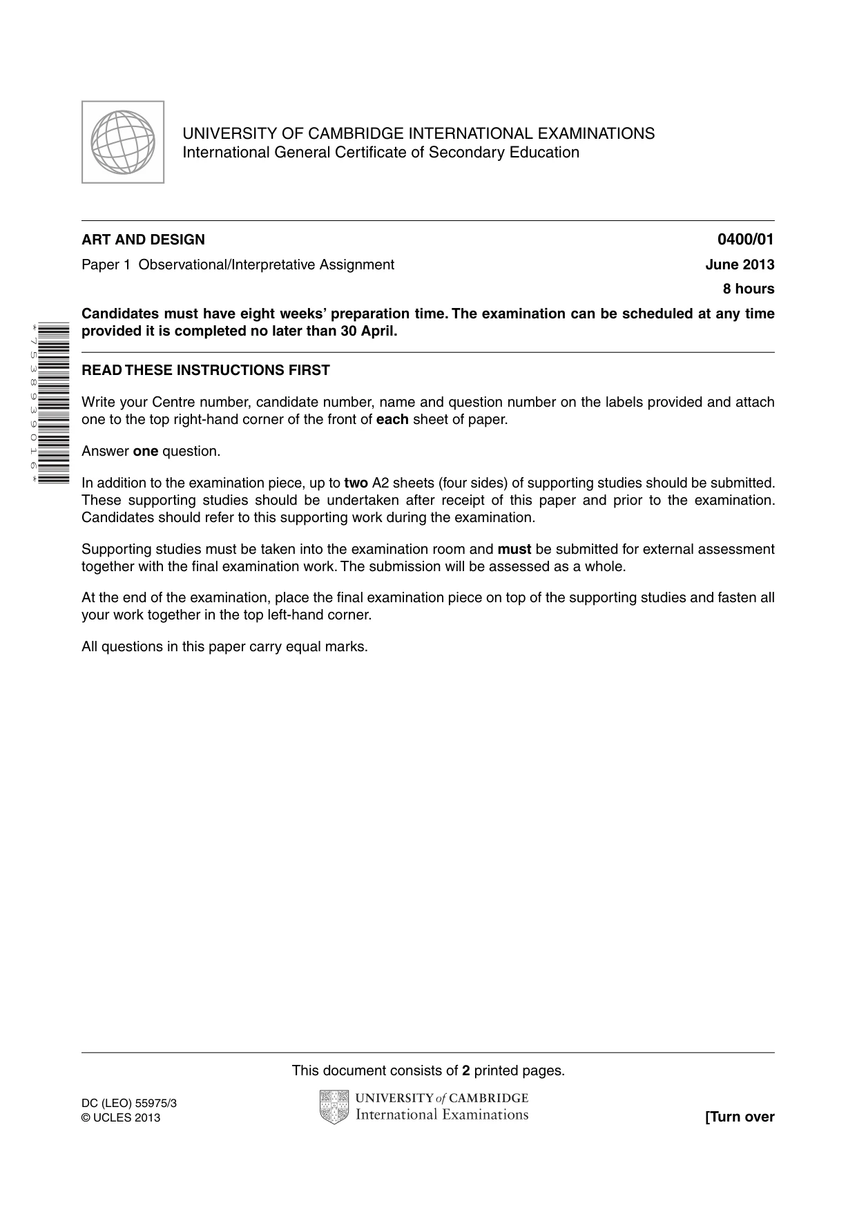 Cambridge IGCSE Art and Design 0400 2013 May/June Paper 1 · Variant 1 question paper, page 1 of 2