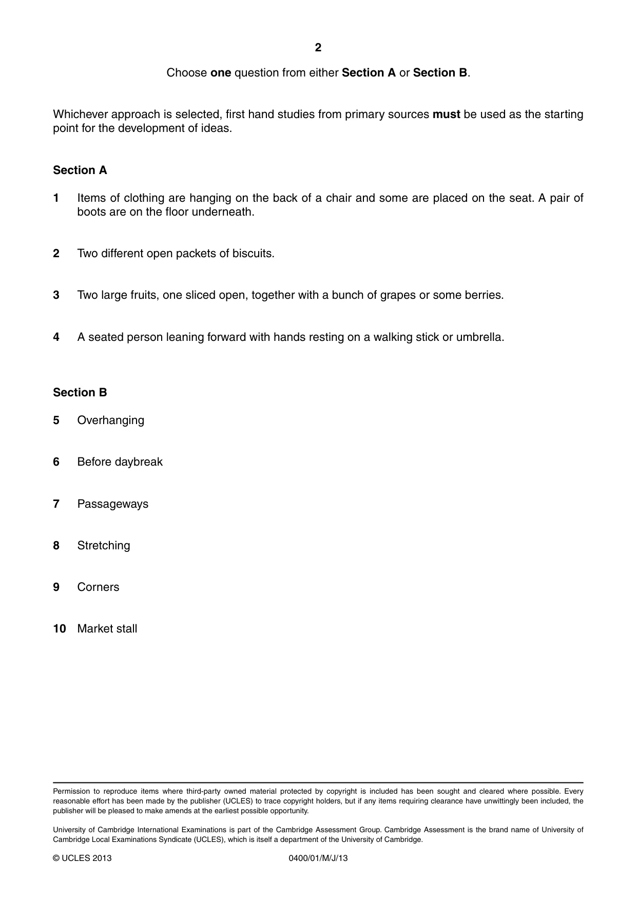 Cambridge IGCSE Art and Design 0400 2013 May/June Paper 1 · Variant 1 question paper, page 2 of 2