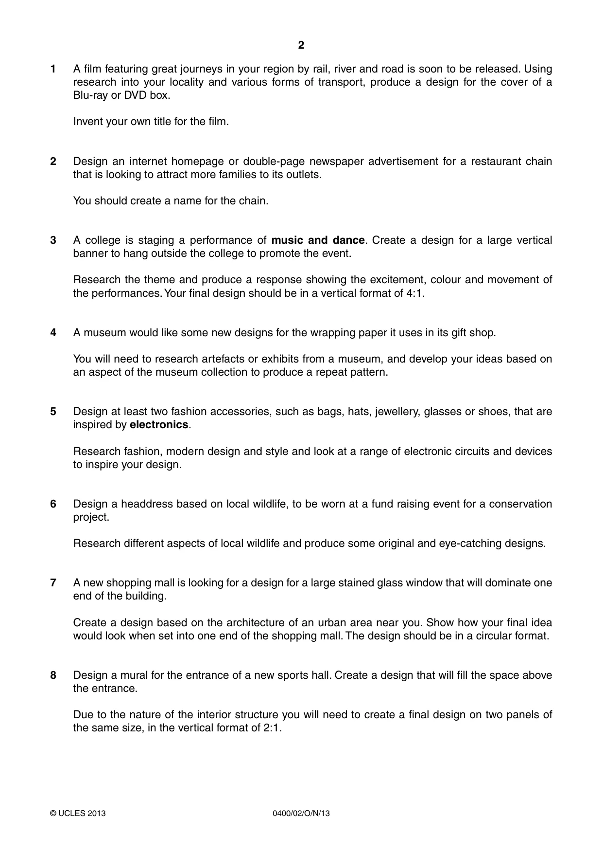 Cambridge IGCSE Art and Design 0400 2013 Oct/Nov Paper 2 · Variant 1 question paper, page 2 of 4