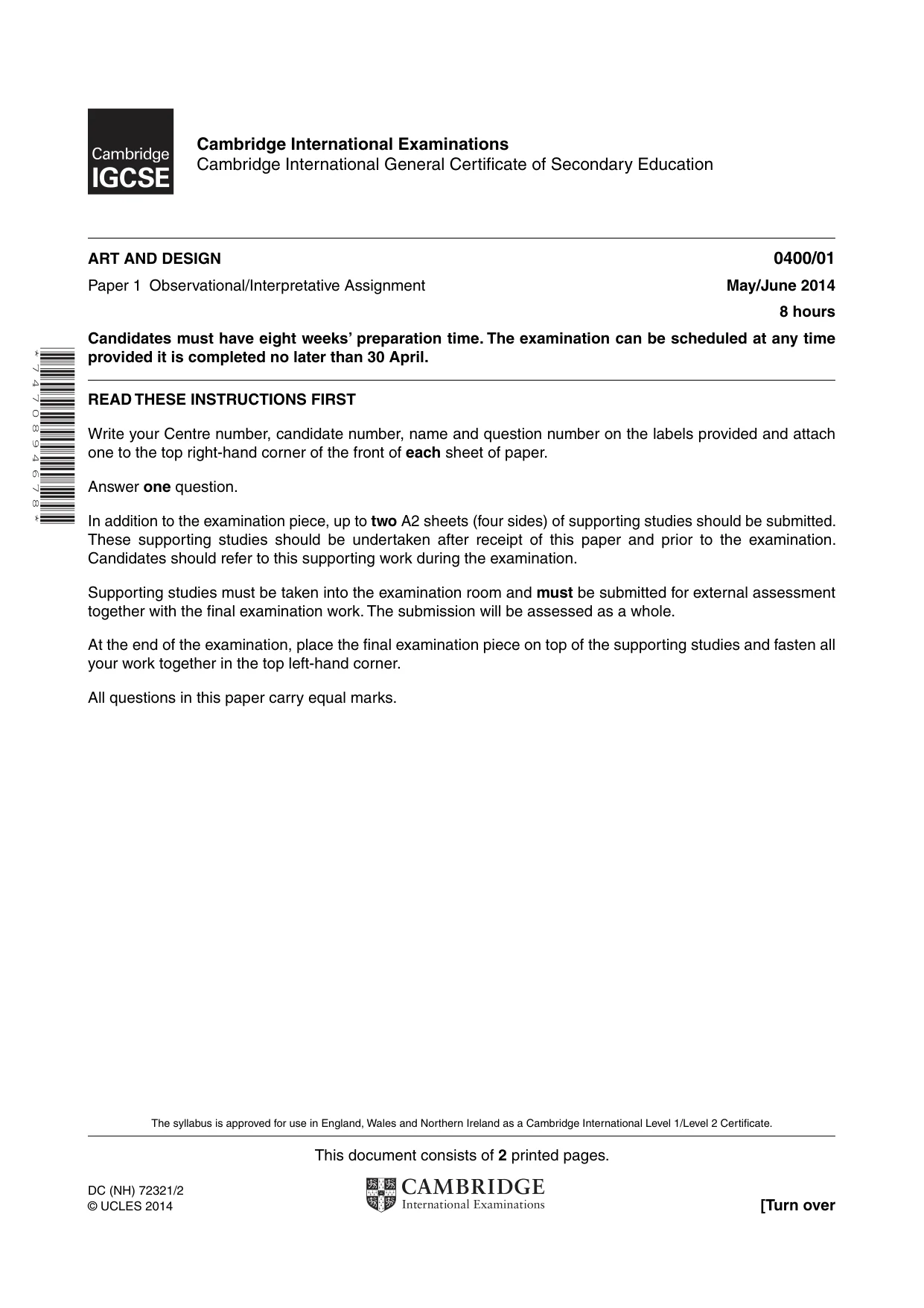 Cambridge IGCSE Art and Design 0400 2014 May/June Paper 1 · Variant 1 question paper, page 1 of 2