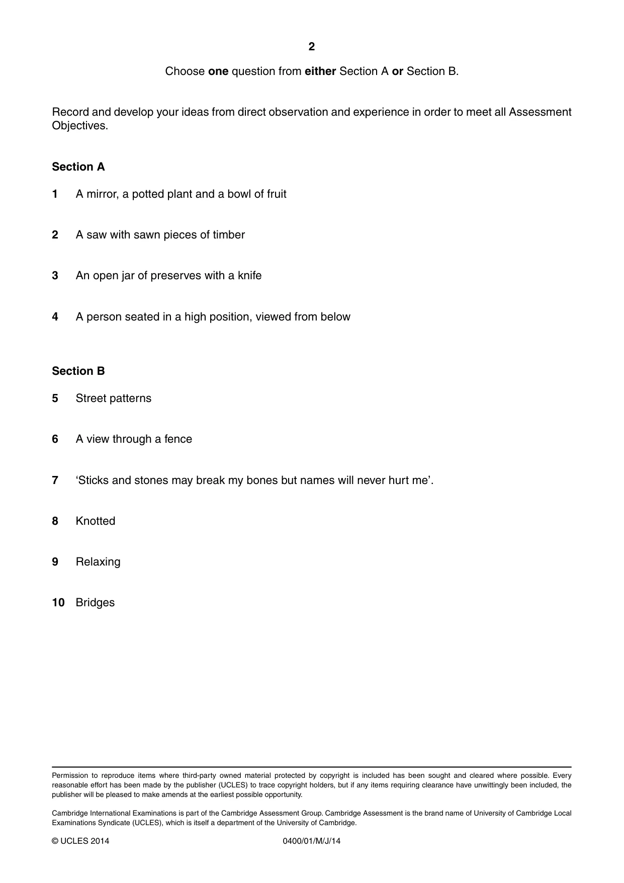 Cambridge IGCSE Art and Design 0400 2014 May/June Paper 1 · Variant 1 question paper, page 2 of 2