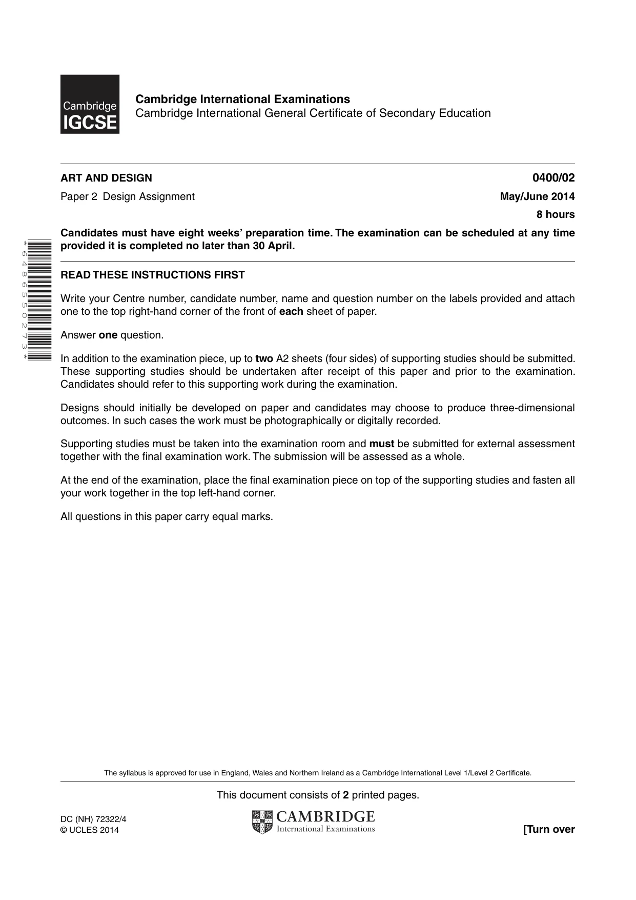 Cambridge IGCSE Art and Design 0400 2014 May/June Paper 2 · Variant 1 question paper, page 1 of 2