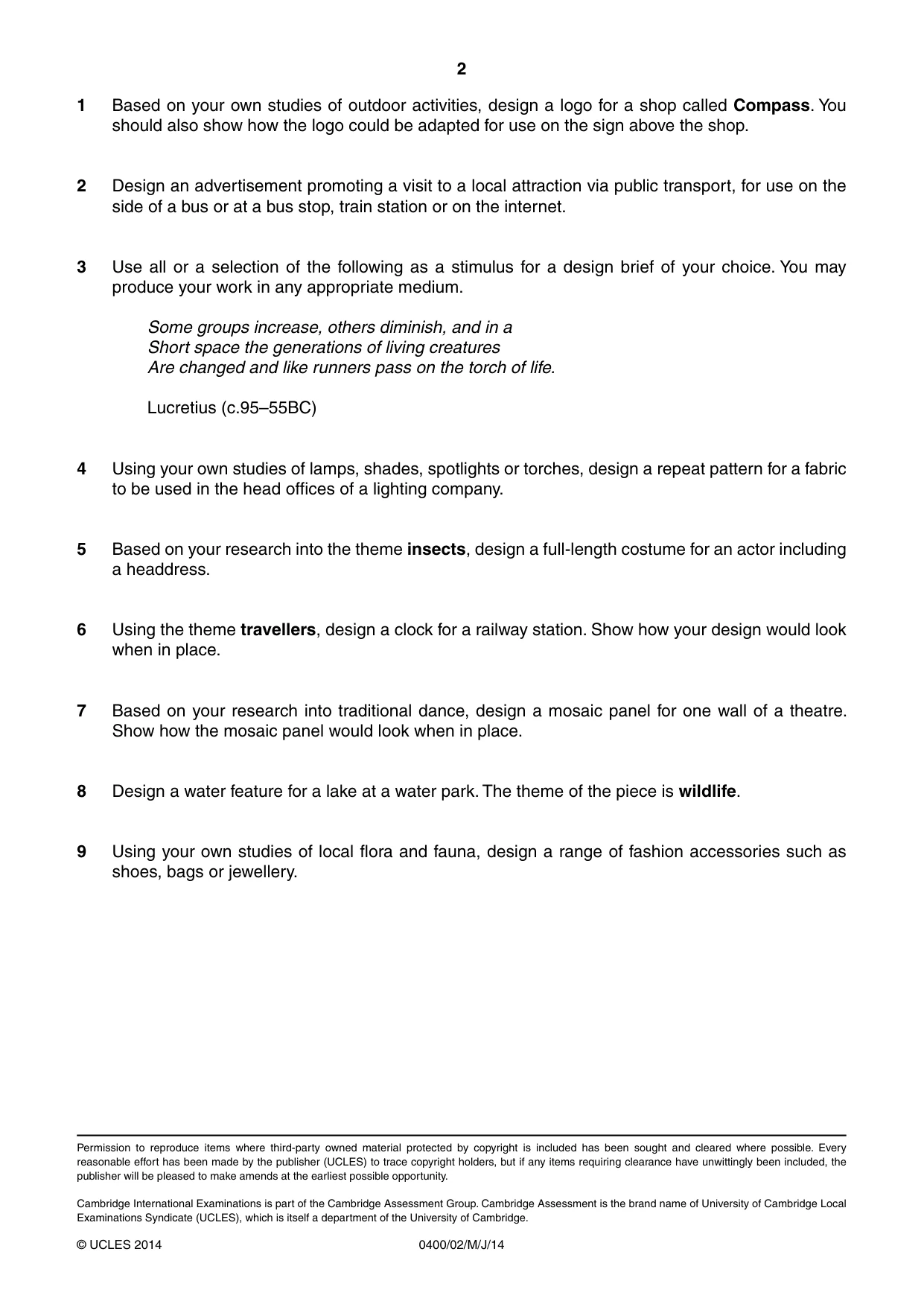 Cambridge IGCSE Art and Design 0400 2014 May/June Paper 2 · Variant 1 question paper, page 2 of 2