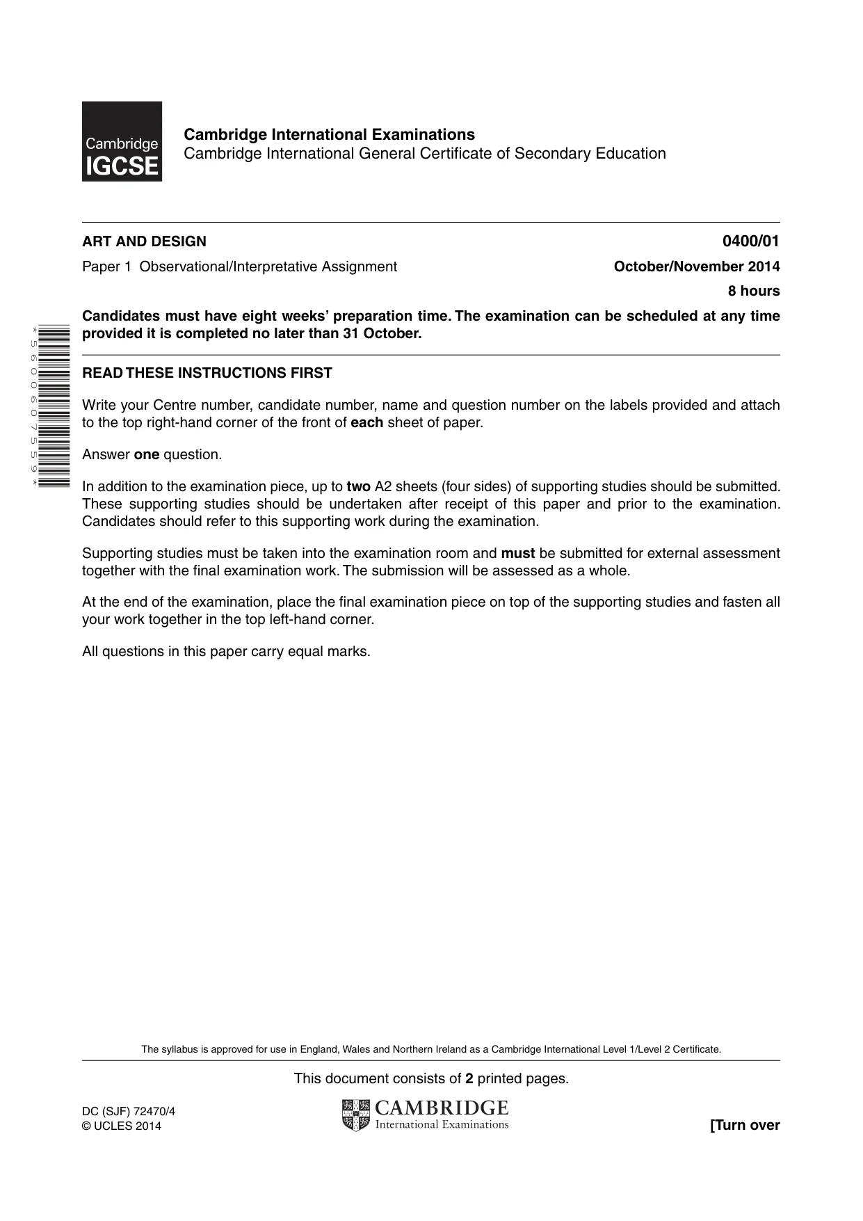 Cambridge IGCSE Art and Design 0400 2014 Oct/Nov Paper 1 · Variant 1 question paper, page 1 of 2