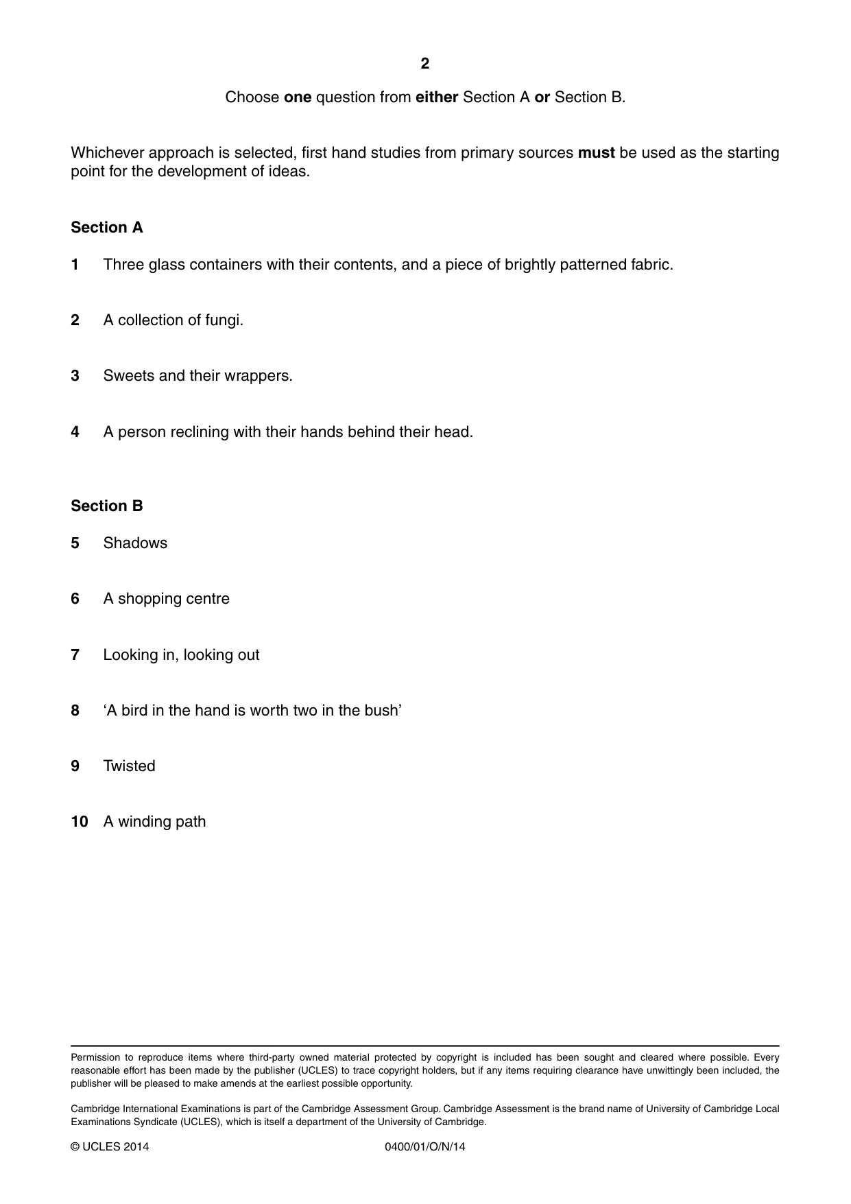 Cambridge IGCSE Art and Design 0400 2014 Oct/Nov Paper 1 · Variant 1 question paper, page 2 of 2