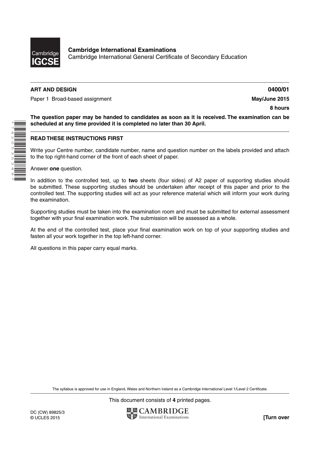 Cambridge IGCSE Art and Design 0400 2015 May/June Paper 1 · Variant 1 question paper, page 1 of 4