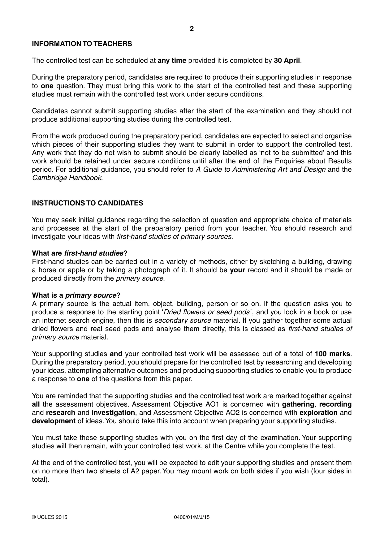 Cambridge IGCSE Art and Design 0400 2015 May/June Paper 1 · Variant 1 question paper, page 2 of 4