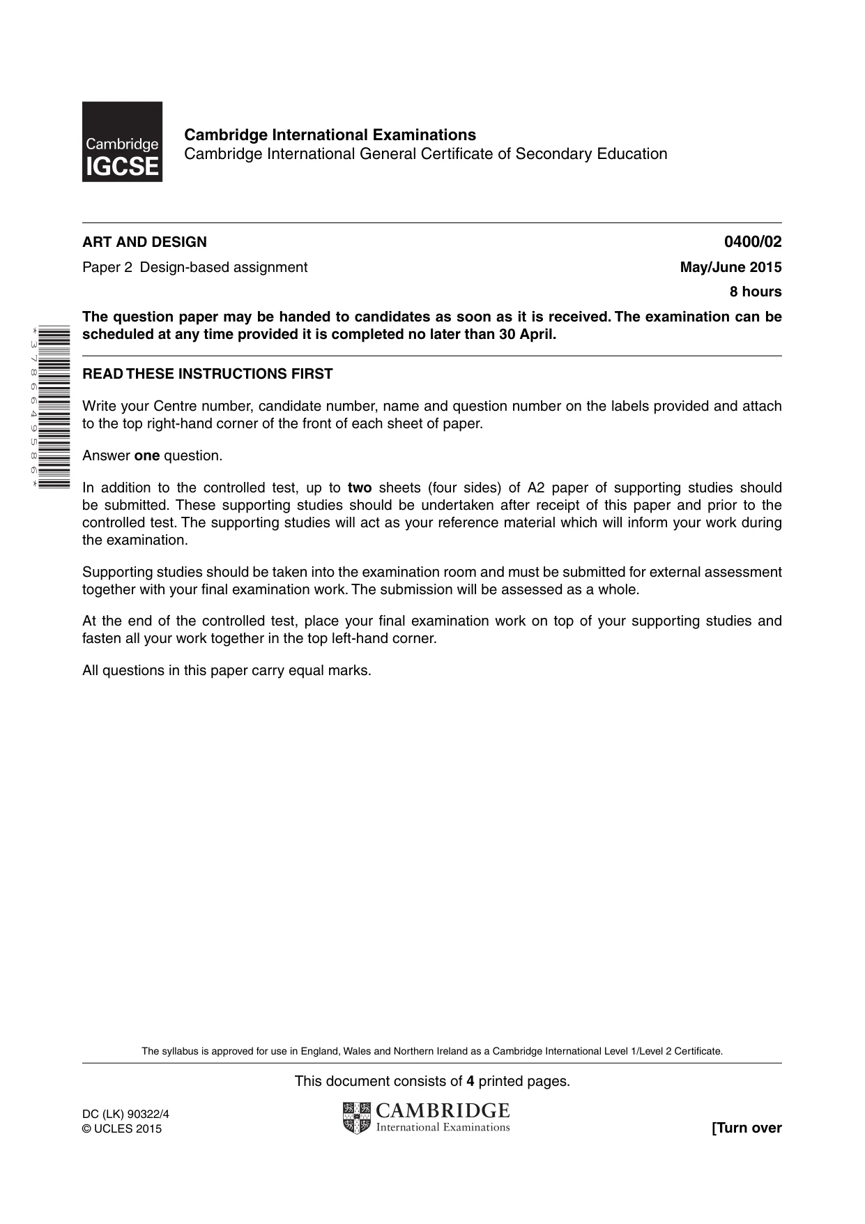 Cambridge IGCSE Art and Design 0400 2015 May/June Paper 2 · Variant 1 question paper, page 1 of 4