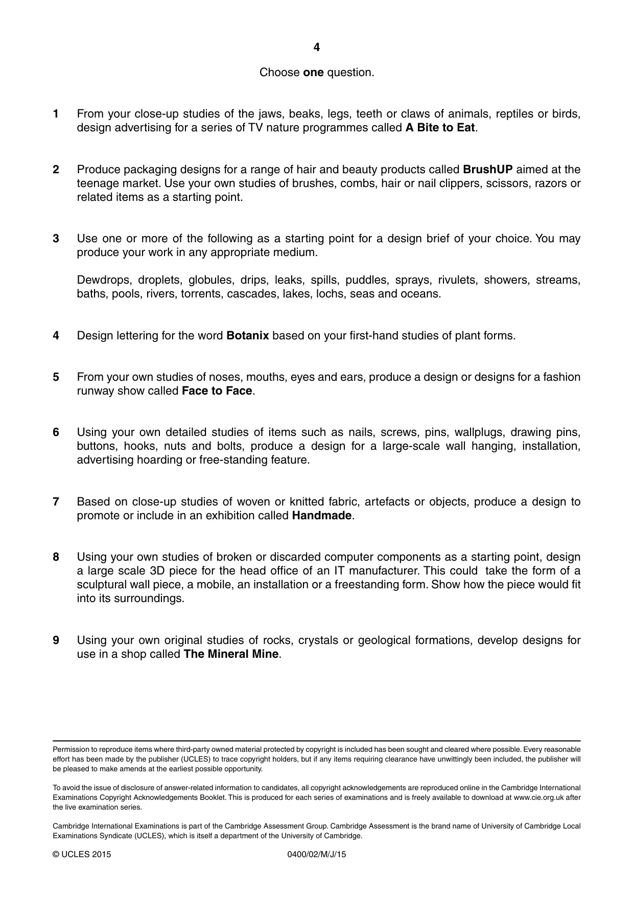 Cambridge IGCSE Art and Design 0400 2015 May/June Paper 2 · Variant 1 question paper, page 4 of 4
