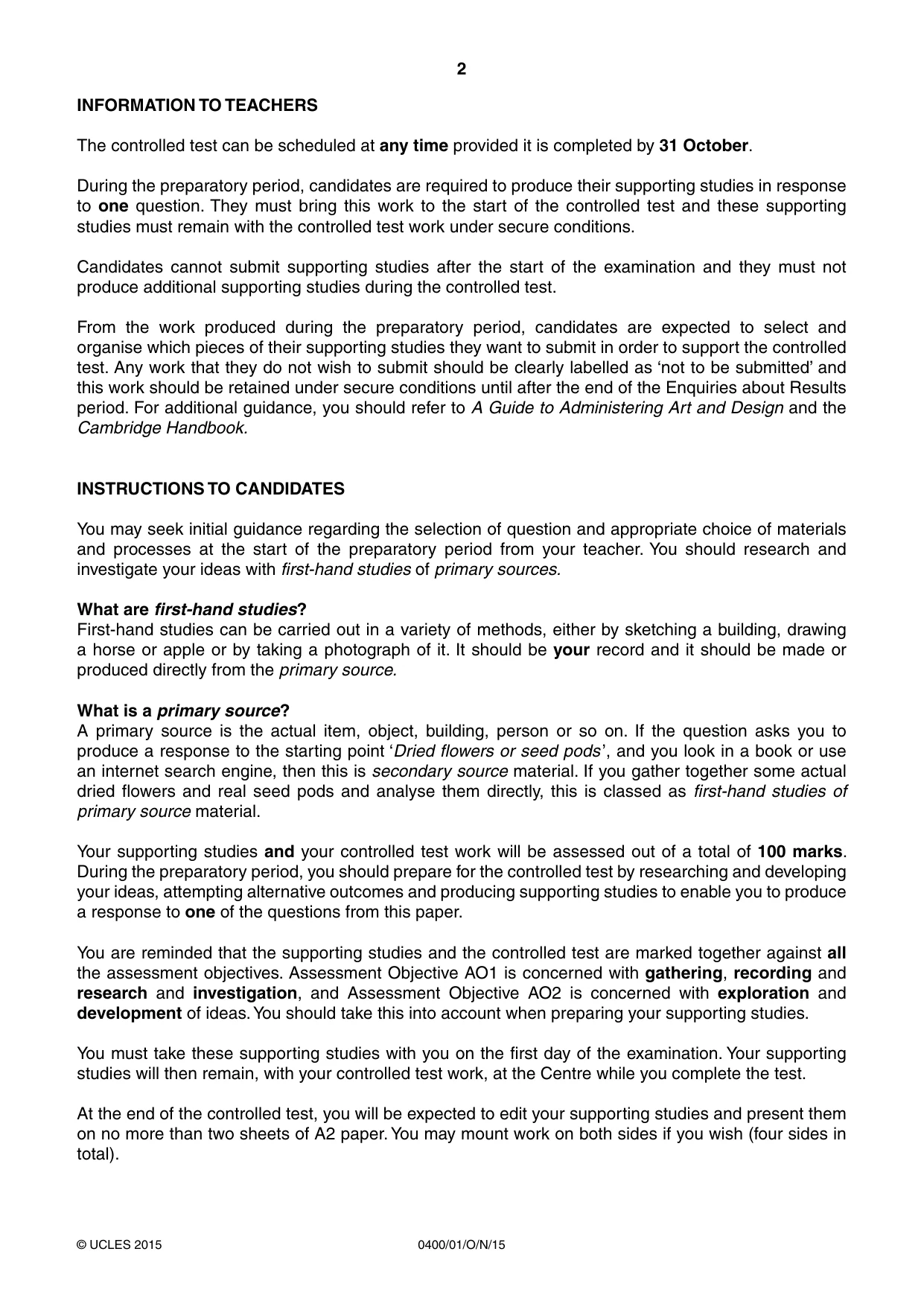 Cambridge IGCSE Art and Design 0400 2015 Oct/Nov Paper 1 · Variant 1 question paper, page 2 of 4