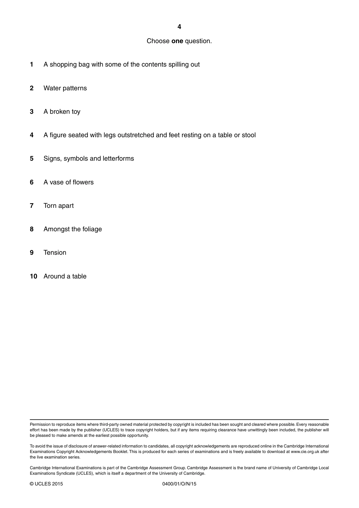Cambridge IGCSE Art and Design 0400 2015 Oct/Nov Paper 1 · Variant 1 question paper, page 4 of 4