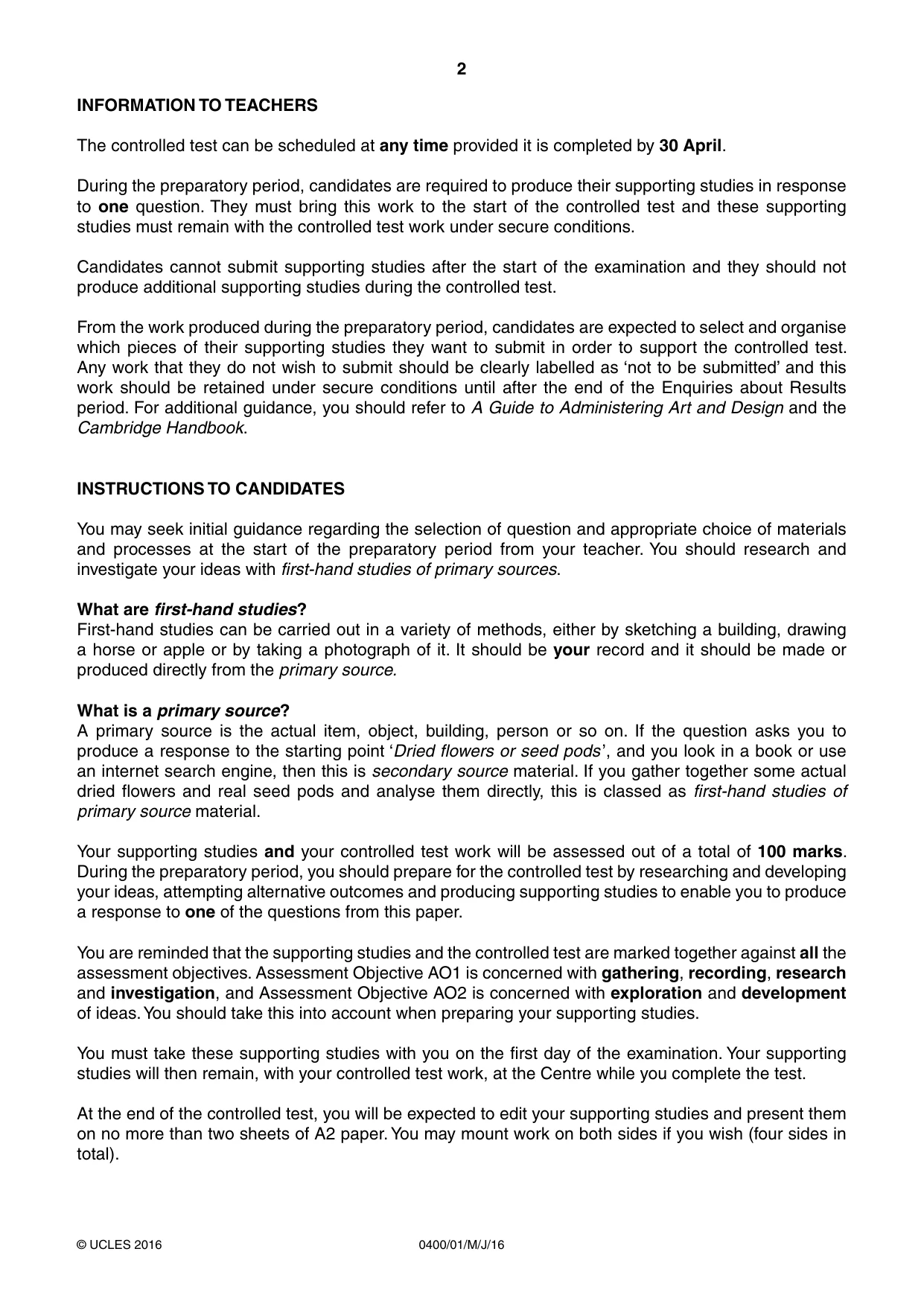 Cambridge IGCSE Art and Design 0400 2016 May/June Paper 1 · Variant 0 question paper, page 2 of 4