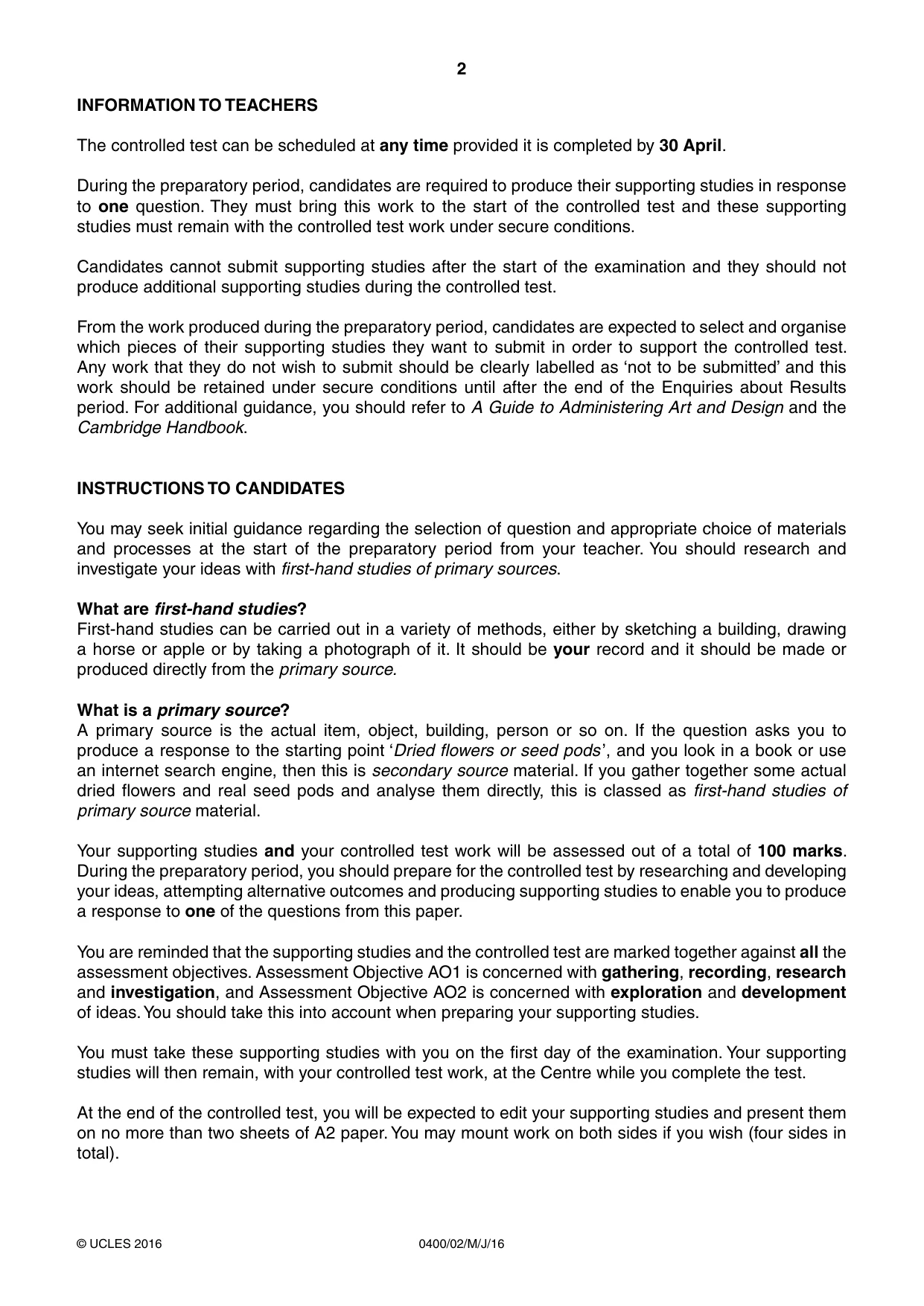 Cambridge IGCSE Art and Design 0400 2016 May/June Paper 2 · Variant 0 question paper, page 2 of 4