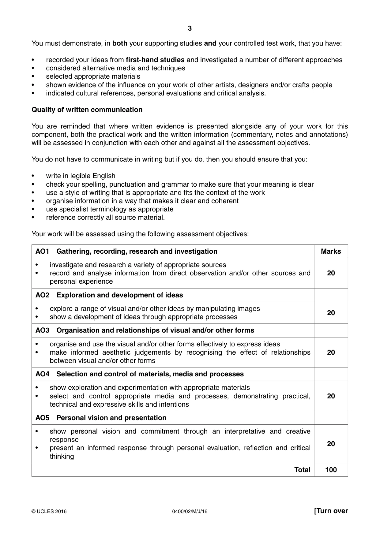 Cambridge IGCSE Art and Design 0400 2016 May/June Paper 2 · Variant 0 question paper, page 3 of 4