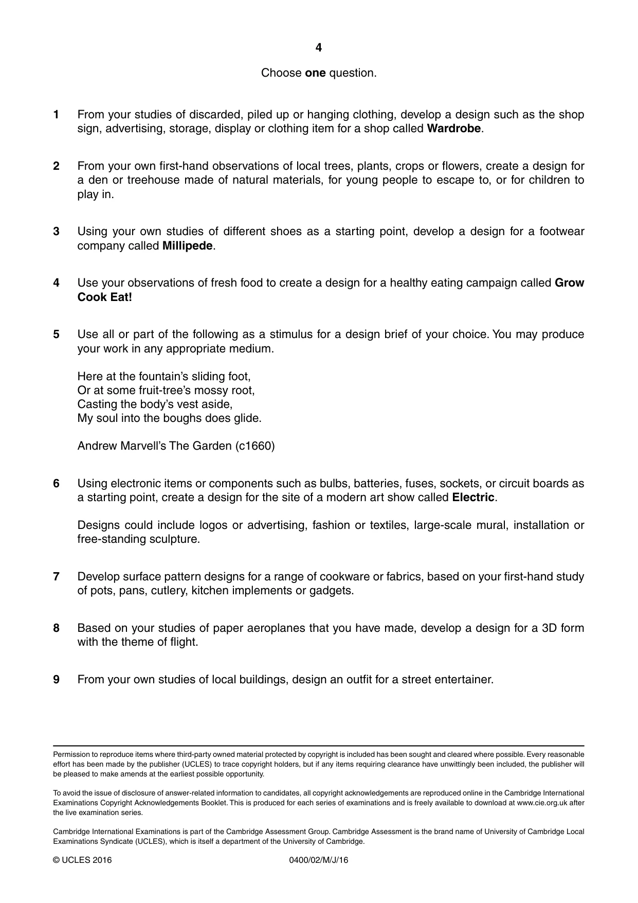 Cambridge IGCSE Art and Design 0400 2016 May/June Paper 2 · Variant 0 question paper, page 4 of 4