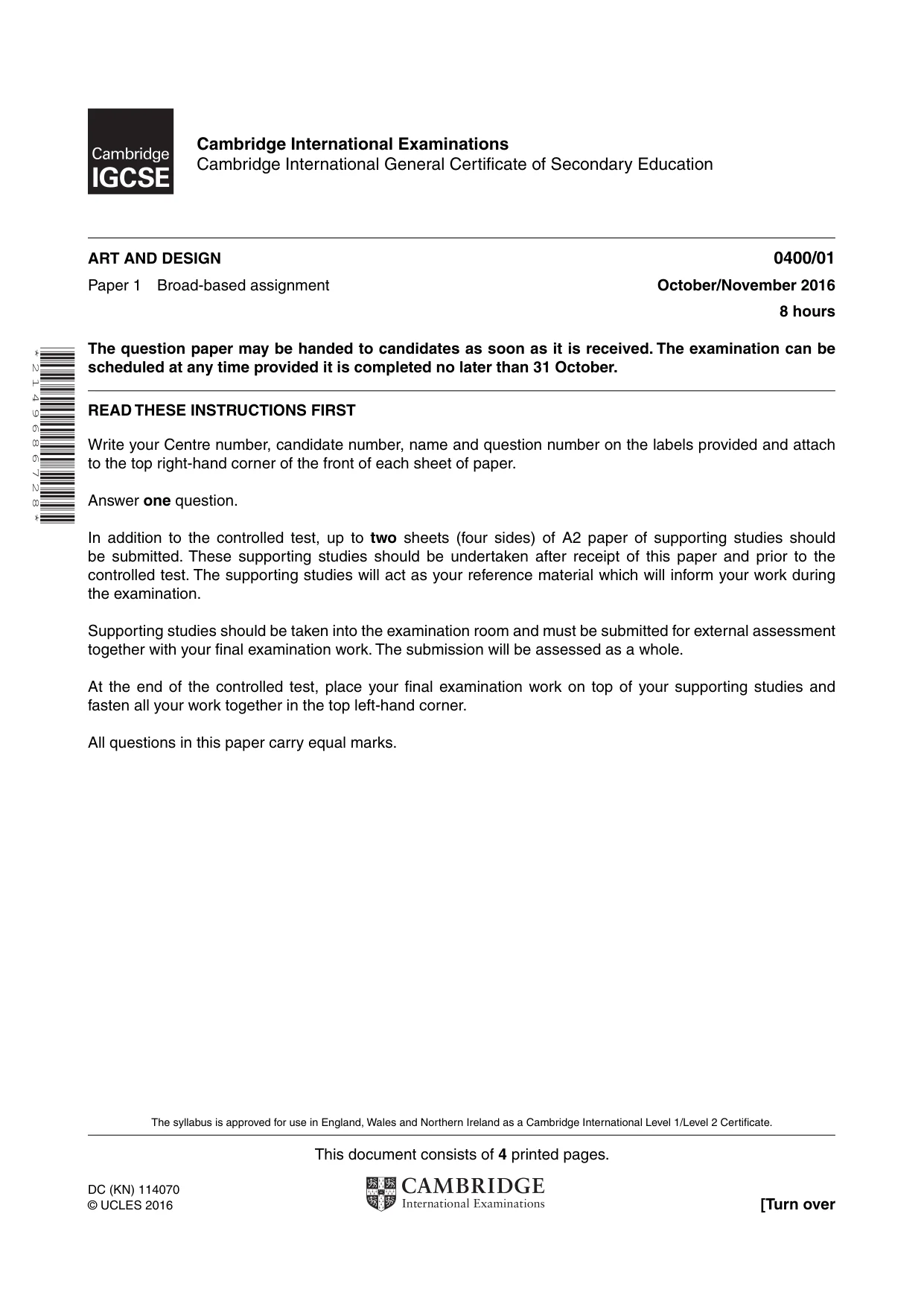 Cambridge IGCSE Art and Design 0400 2016 Oct/Nov Paper 1 · Variant 0 question paper, page 1 of 4